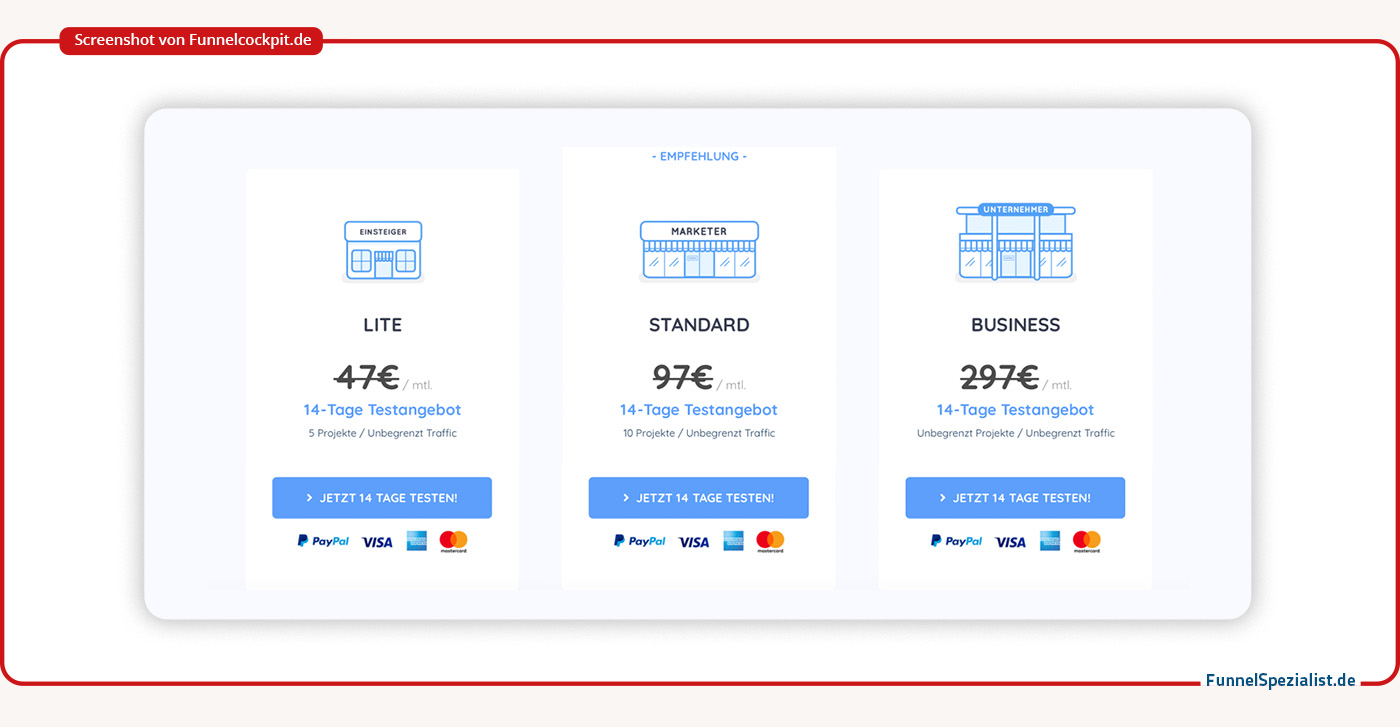Screenshot Paketpreise auf Funnelcockpit.de