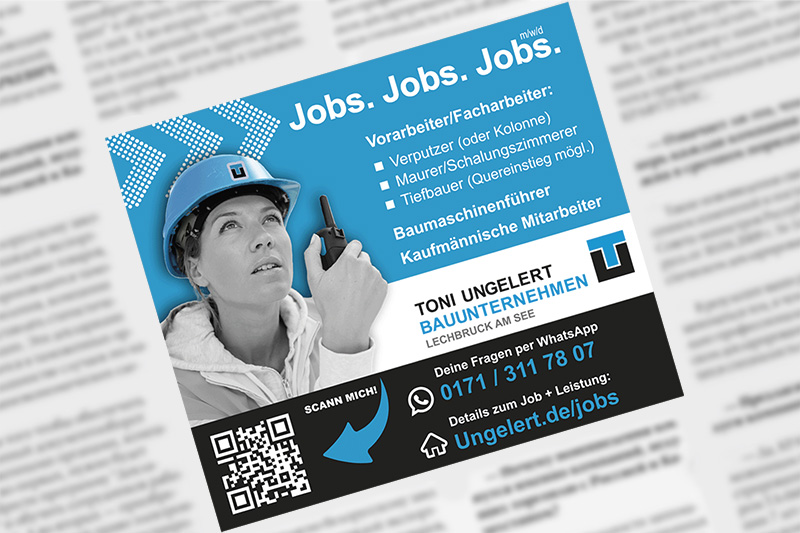 Gestaltungsbeispiel Stellenanzeige für Bauunternehmen in Tageszeitung