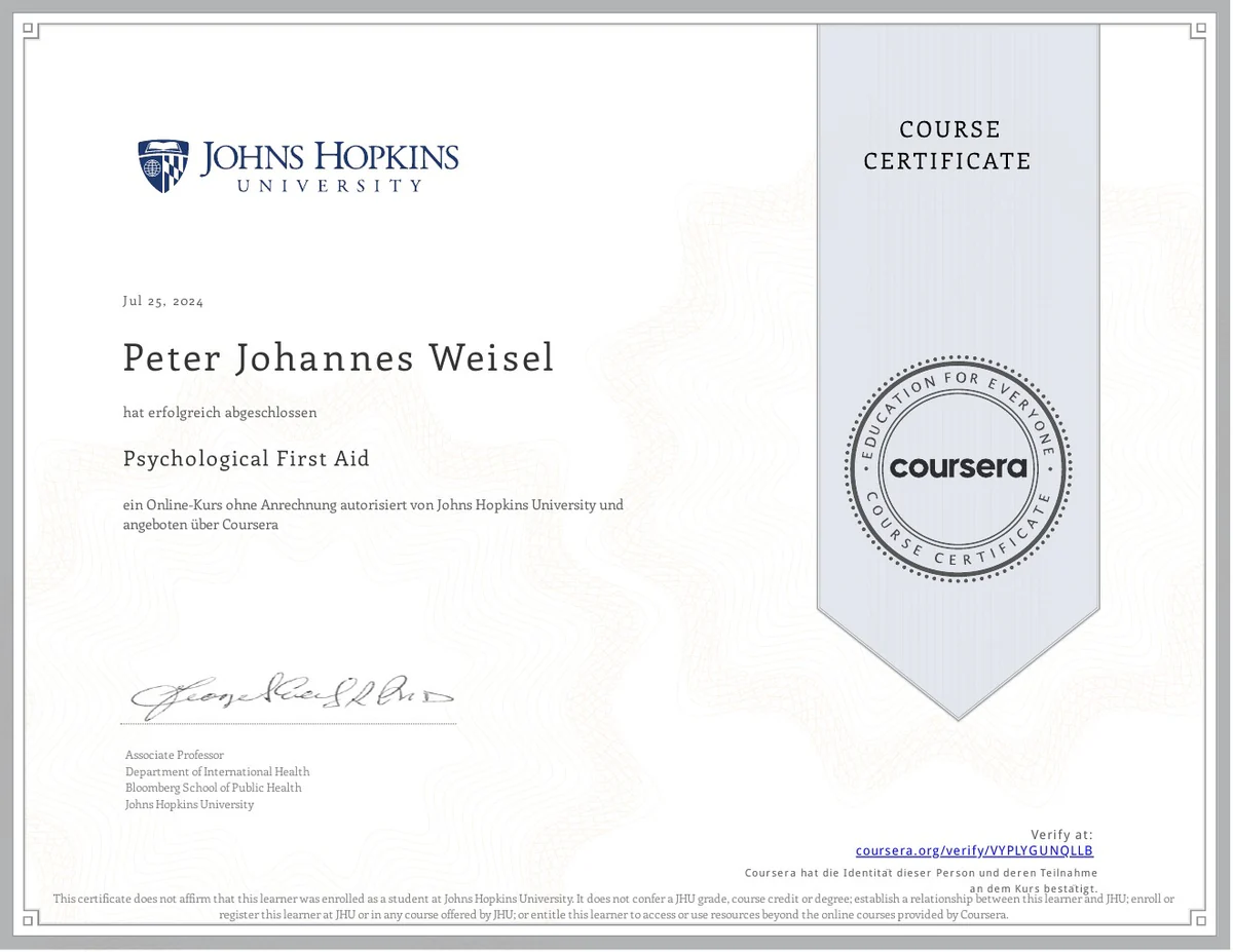 Originalzertifikat des Johns-Hopkins-Kurses Psychological First Aid