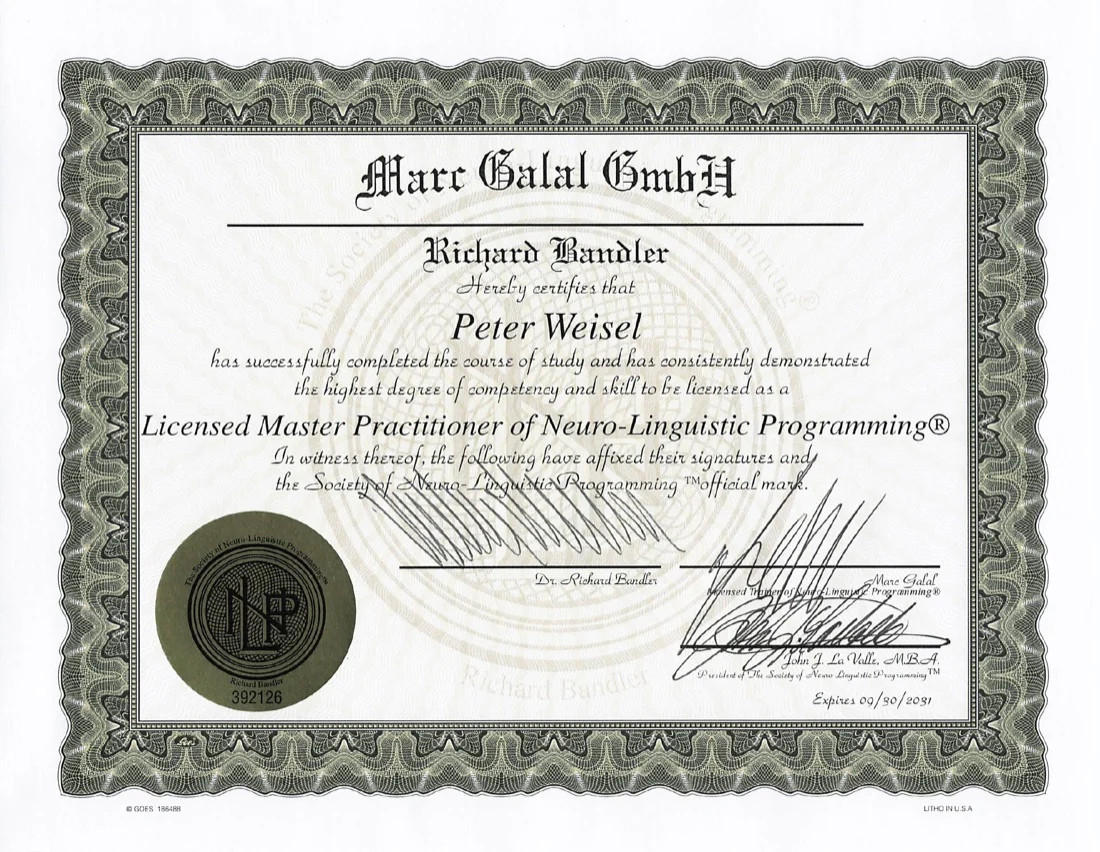 Zertifikat Licensed Master Practitioner of Neuro-Linguistic Programming