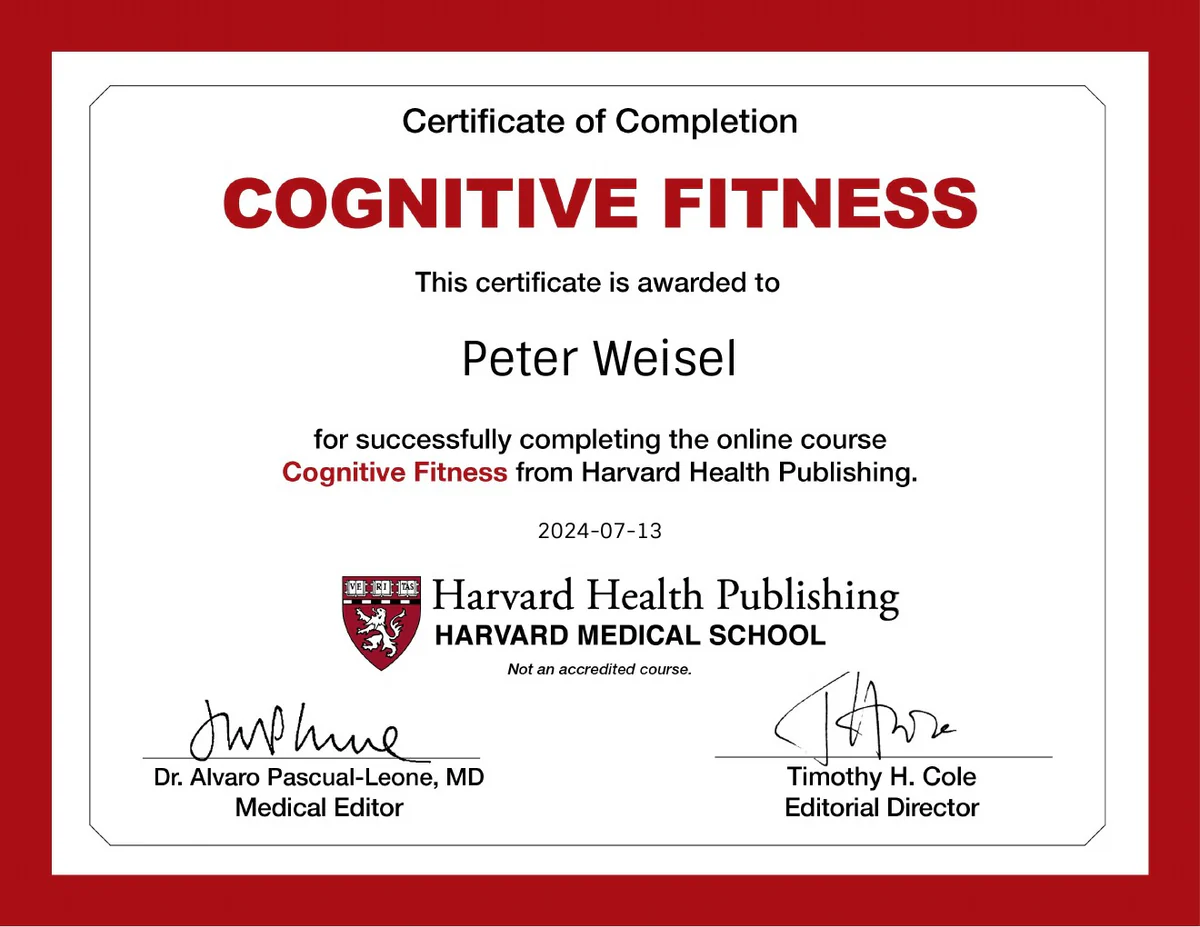 Originalzertifikat des Harvard-Kurses Cognitive Fitness