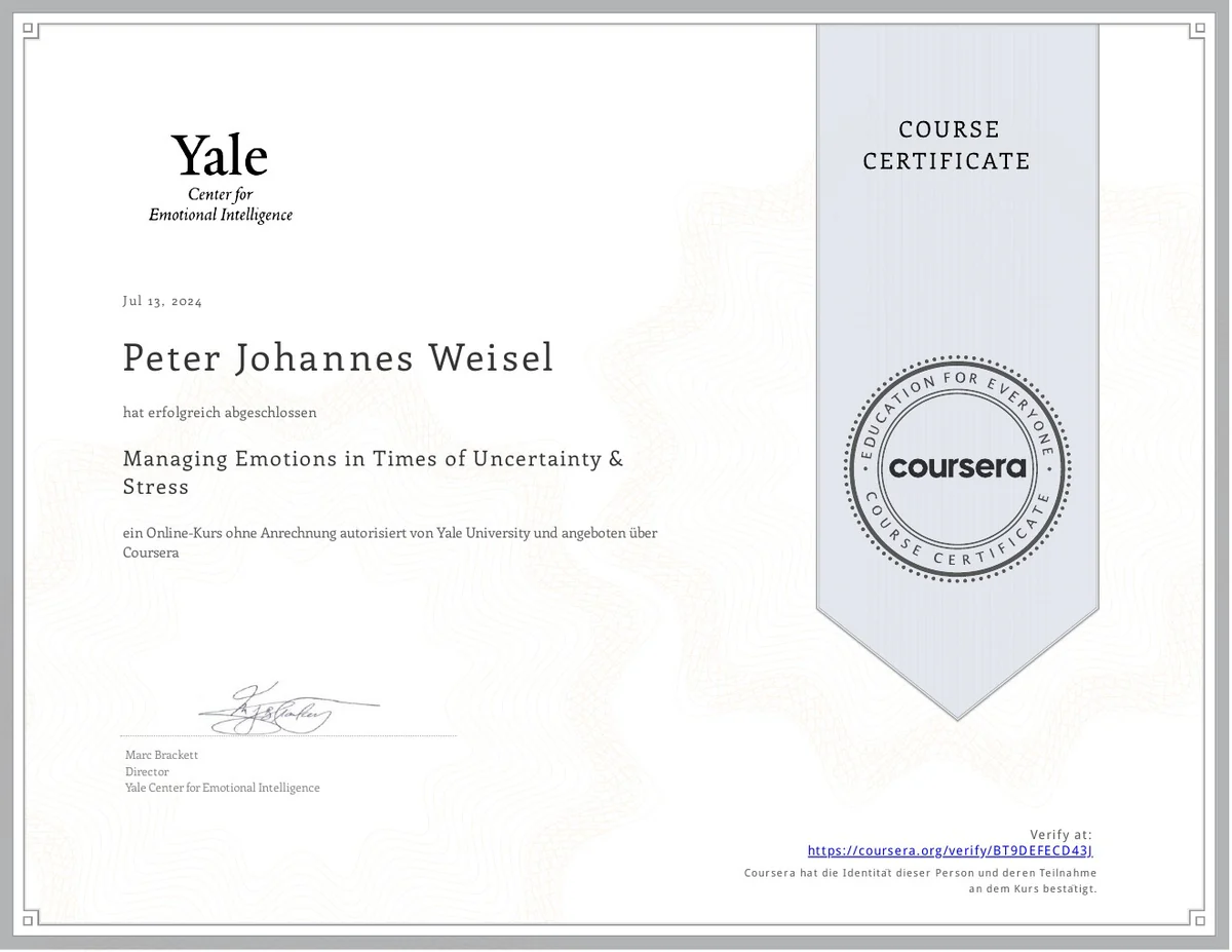 Originalzertifikat des Yale-Kurses Managing Emotions in Times of Uncertainty and Stress