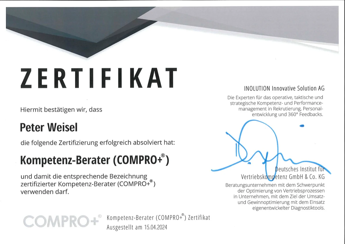 Originalzertifikat Kompetenz-Berater COMPRO+ von Peter Weisel im Querformat