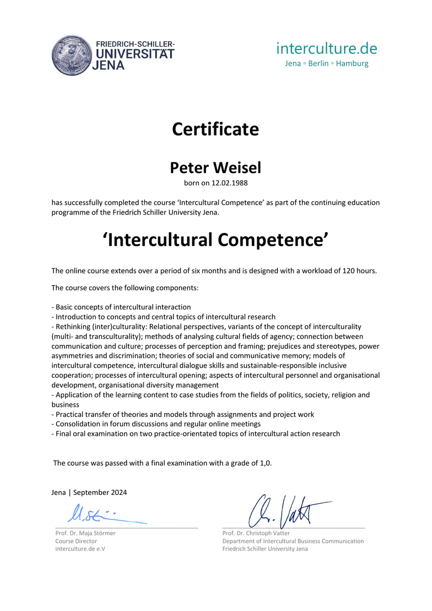 Vollständige Originalseite des Zertifikats Intercultural Competence