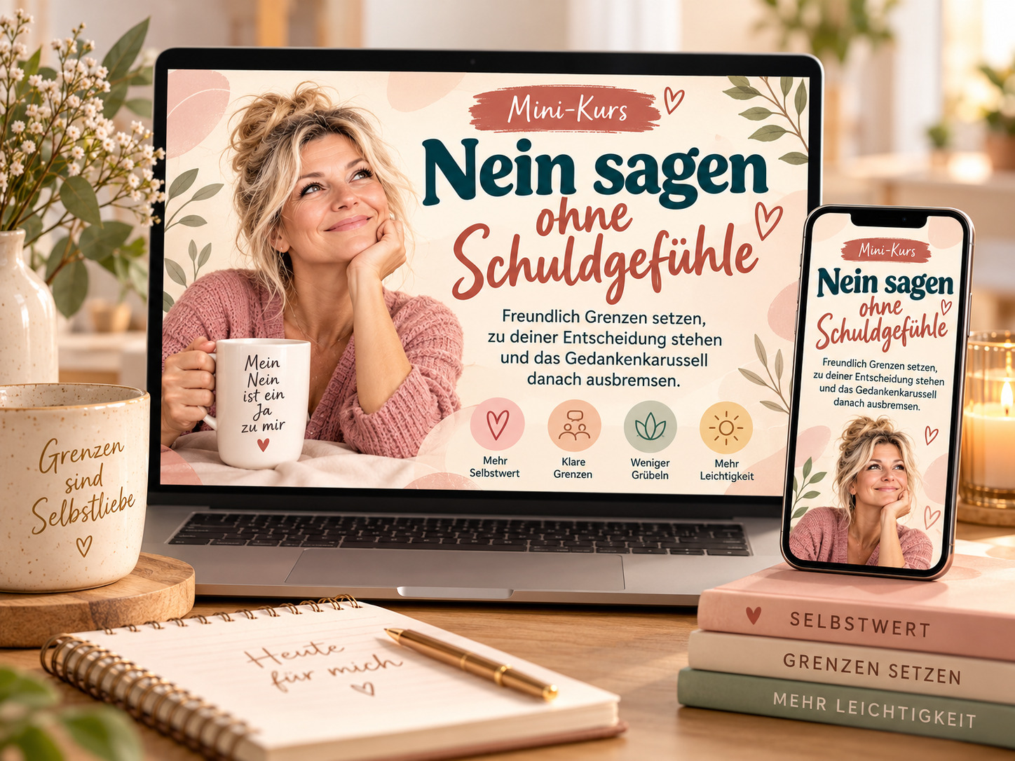 Mockup Minikurs Nein sagen ohne Schuldgefühle, Frau im Laptopbild