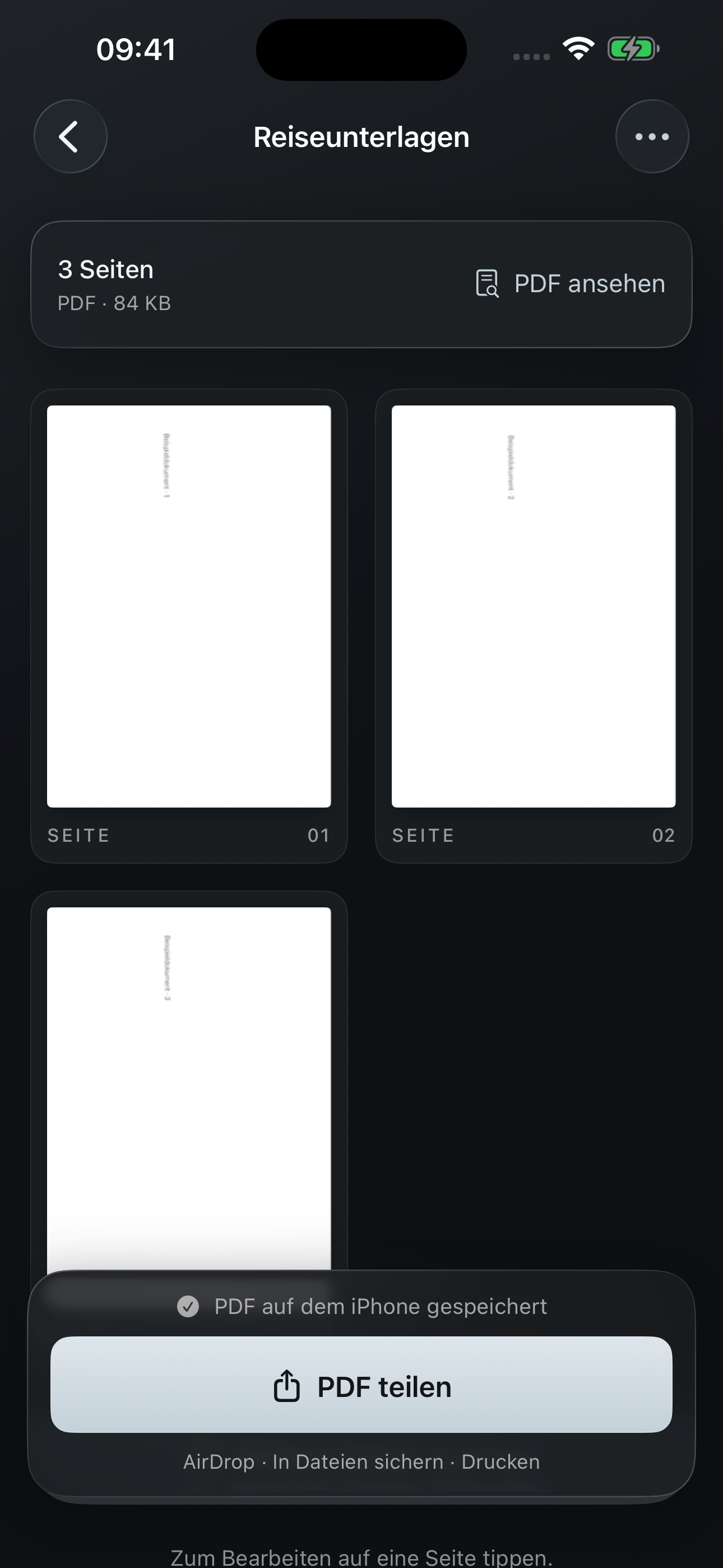 Seitenübersicht eines dreiseitigen Dokuments mit PDF-Vorschau und PDF-teilen-Funktion