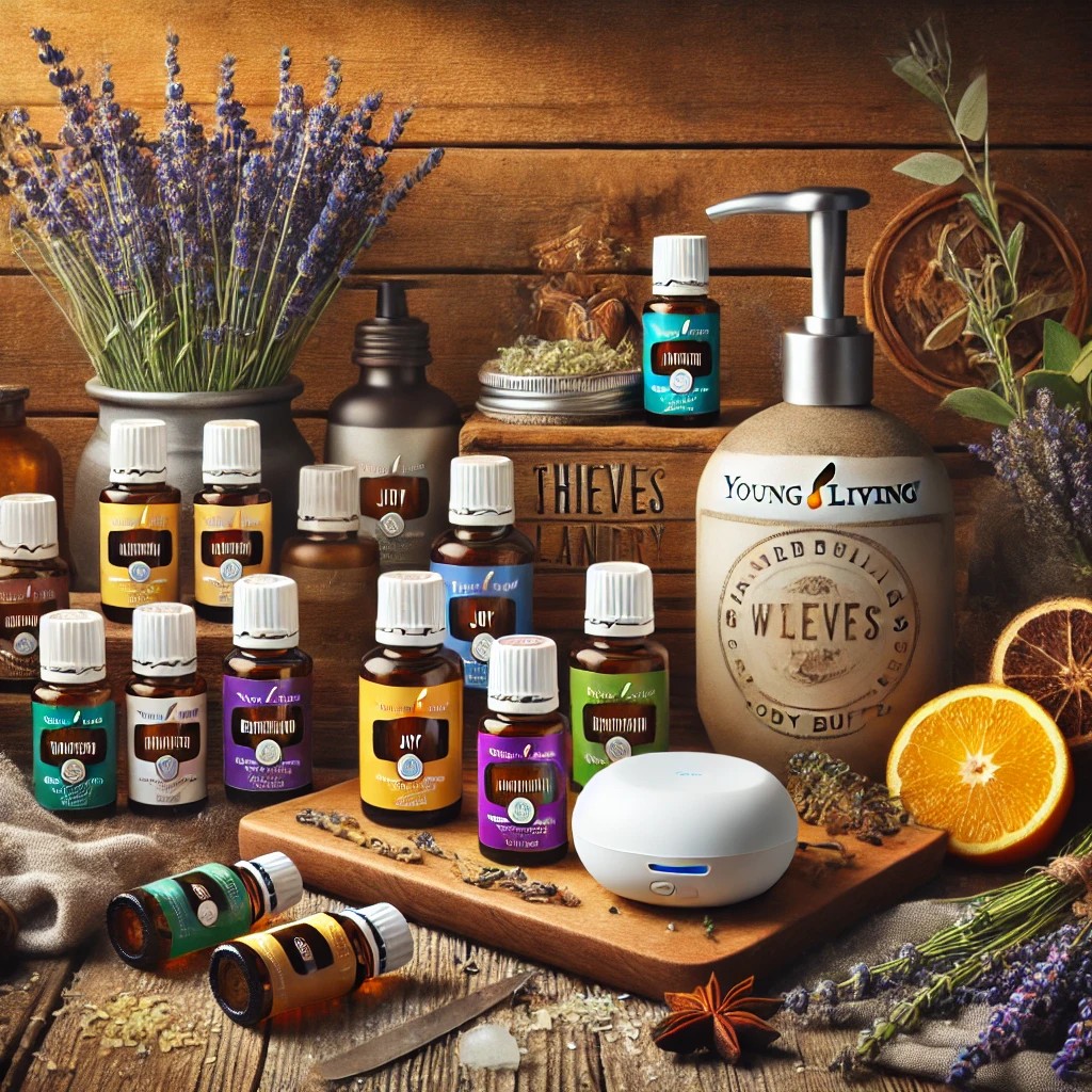 DALL·E 2025-02-01 19.30.56 - A visually appealing promotional image for essential oils, inspired by Young Living's natural and holistic aesthetic. The image features a rustic wood.jpg