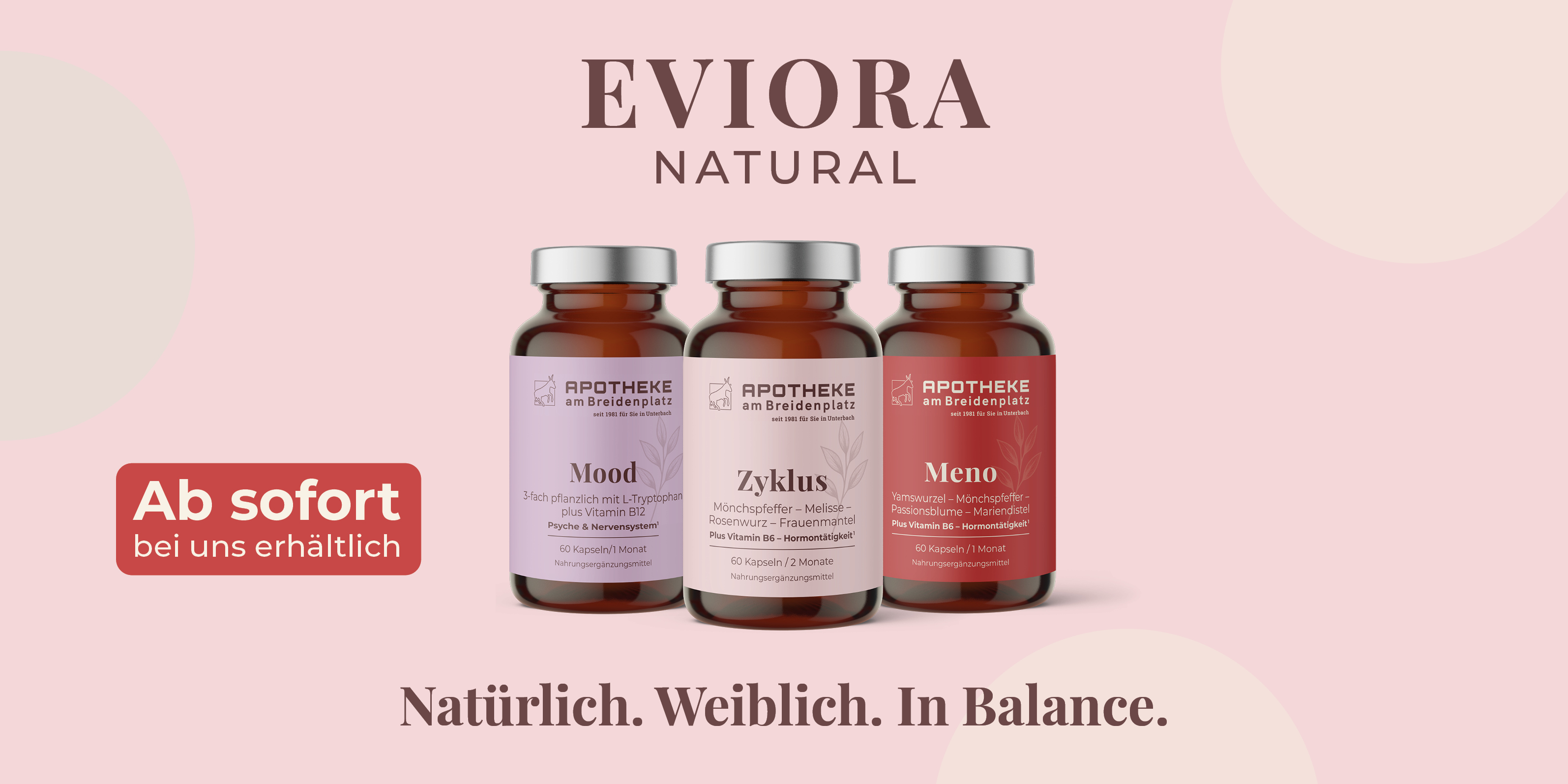 Produktbild von EVIORA mit dem Slogan "Natürlich. Weiblich. In Balance"