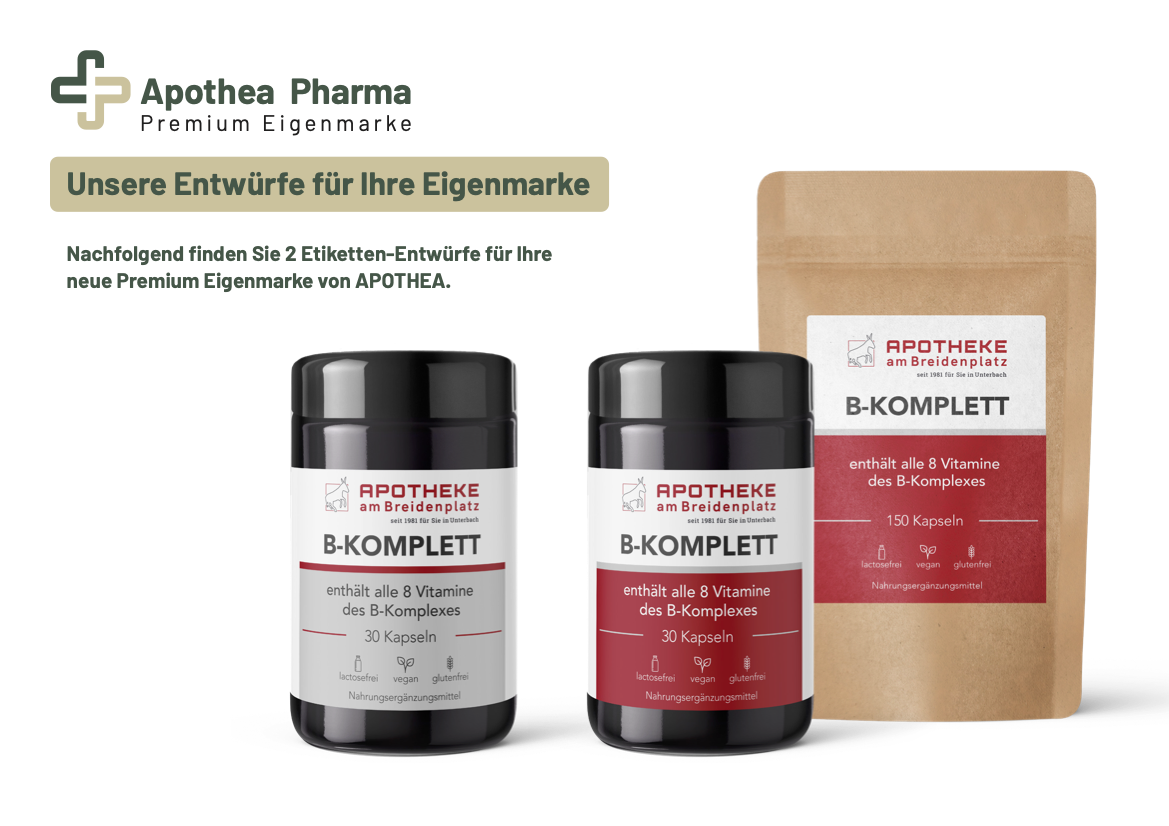 Apothea - Unsere Entwürfe für Ihre Eigenmarke. Nachfolgend finden Sie 2 Etiketten-Entwürfe für Ihre neue Premium Eigenmarke von APOTHEA.
