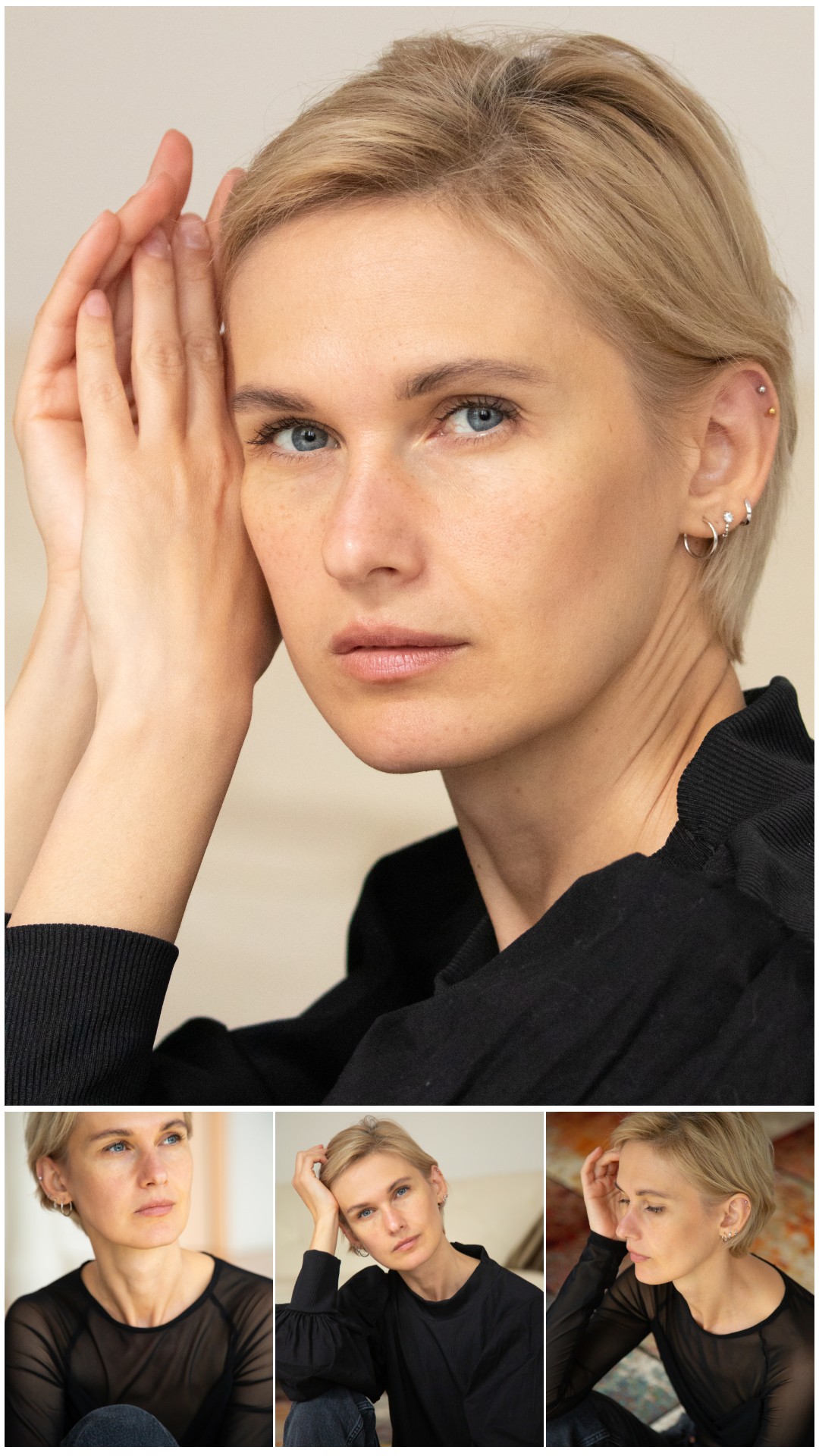 Collage einer lebensfrohen Geschäftsfrau in verschiedenen Posen: strahlendes Lächeln im Sitzen, kraftvolles Stehen und inspirierter Blick in die Ferne, gekleidet in Business-Outfits, die ihre dynamische Persönlichkeit und Professionalität unterstreichen.