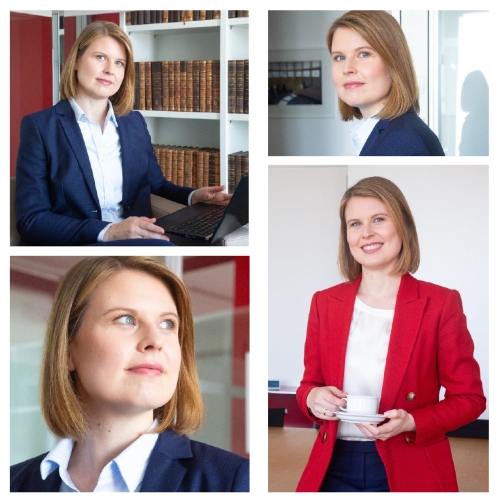 Collage einer professionellen Frau mit langen dunklen Haaren, posiert in einem pinken Blazer, lässigen grauen Outfits und entspannt auf dem Boden sitzend, strahlt Gelassenheit und Stilbewusstsein aus.