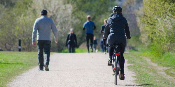 Fahrrad fahren/ Laufen in einem Park Ein Radfahrer, mehrere Spaziergänger im Park, Freizeitaktivität