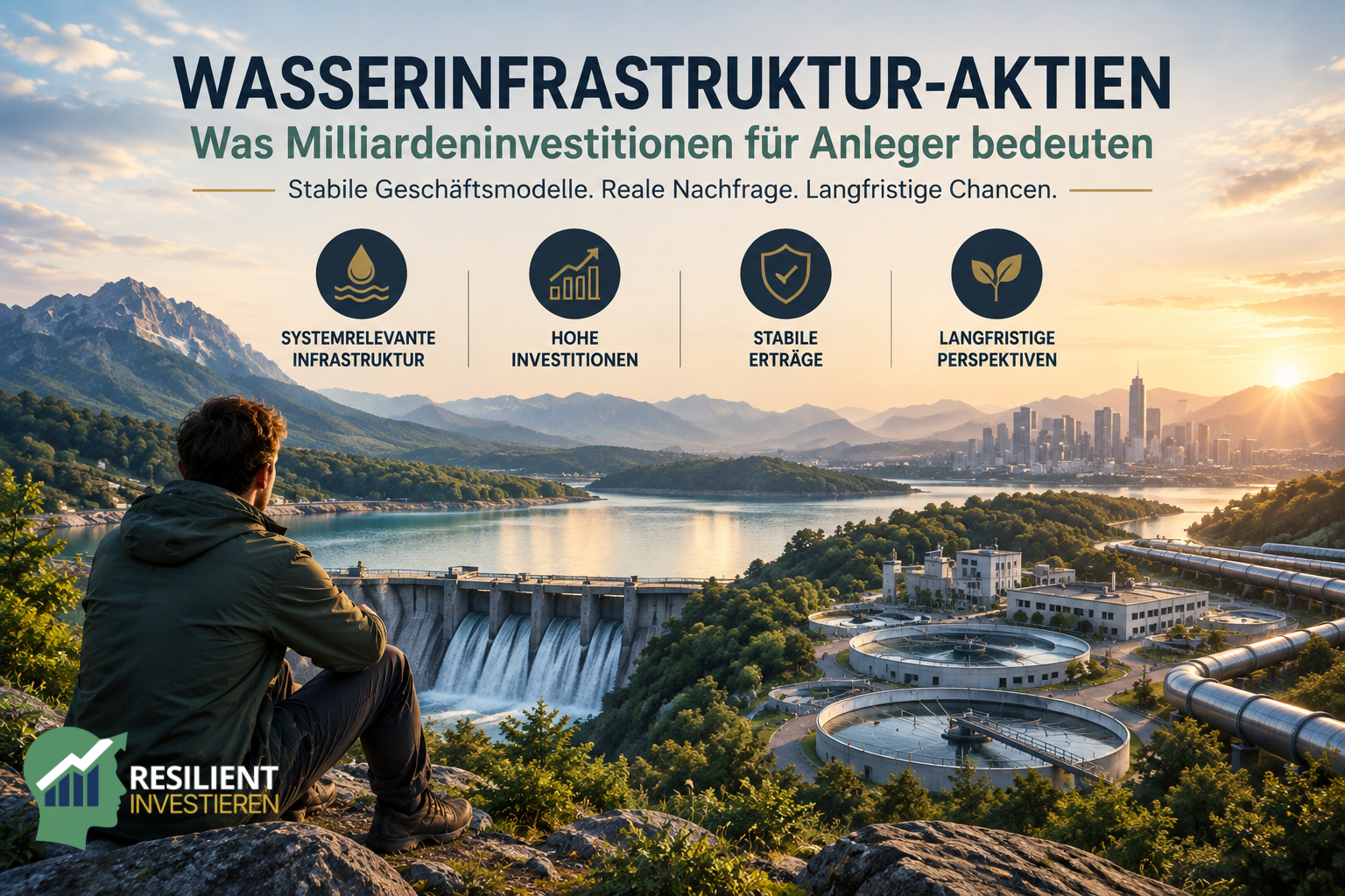 Wasserinfrastruktur-Aktien – Staudamm, Wasseraufbereitung und Leitungsnetze veranschaulichen den hohen Investitionsbedarf sowie langfristige Chancen für Anleger.