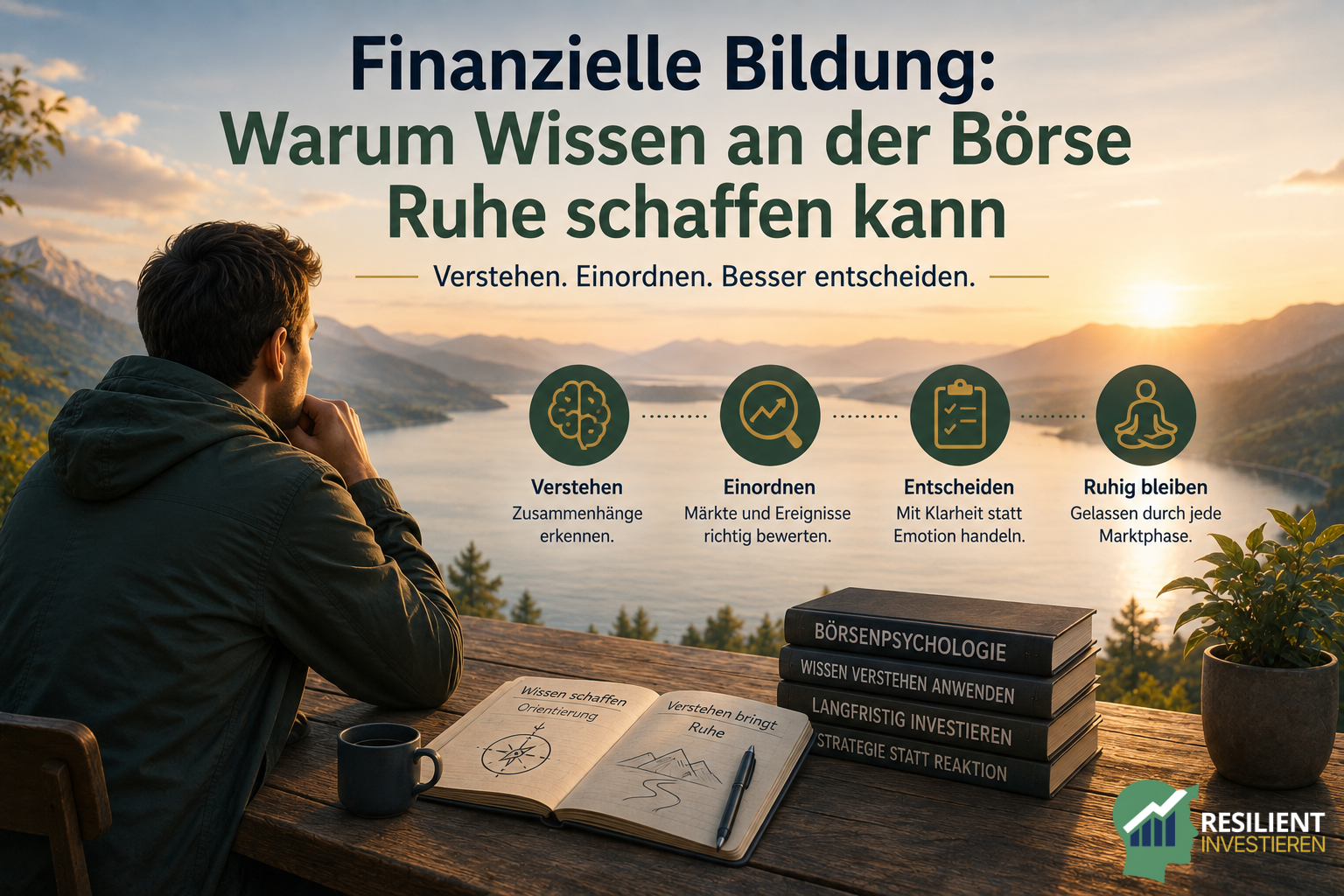 Finanzielle Bildung an der Börse – ein Anleger reflektiert in ruhiger Umgebung seine Strategie und nutzt Wissen, um Märkte besser einzuordnen, bewusst zu entscheiden und auch in schwierigen Börsenphasen gelassen zu bleiben.