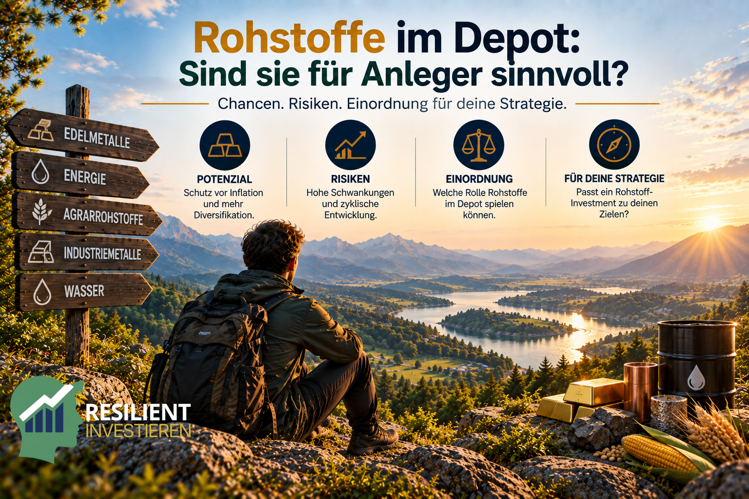 Rohstoffe im Depot – ein Anleger betrachtet Edelmetalle, Energie, Agrarrohstoffe und Industriemetalle und wägt Chancen, Risiken und ihre mögliche Rolle in einer langfristigen Anlagestrategie ab.