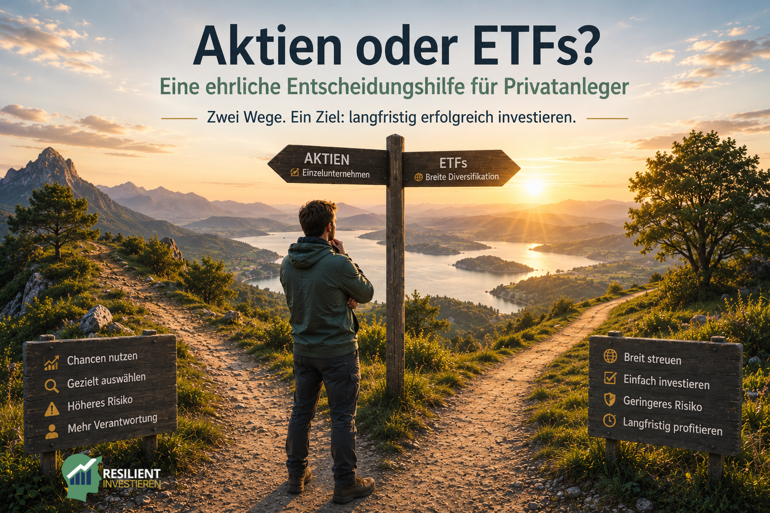 Aktien oder ETFs? Ein Anleger steht an einer Weggabelung zwischen Einzelaktien und breit gestreuten ETFs und wägt Chancen, Risiko, Aufwand und Diversifikation für langfristiges Investieren ab.