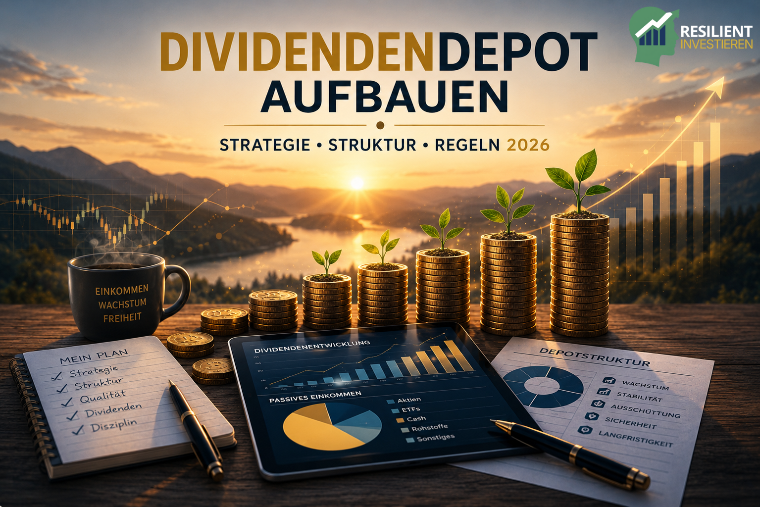 Dividendendepot aufbauen – symbolische Darstellung eines langfristig wachsenden Dividendendepots mit Strategie, Struktur und regelmäßigen Erträgen für nachhaltigen Vermögensaufbau.