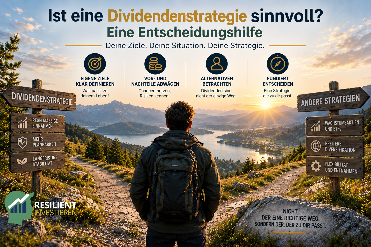 Ist eine Dividendenstrategie sinnvoll? Ein Anleger steht an einer Weggabelung zwischen Dividendenstrategie und anderen Anlagestrategien und wägt Ziele, Vorteile, Risiken und Alternativen für seine langfristige Geldanlage ab.