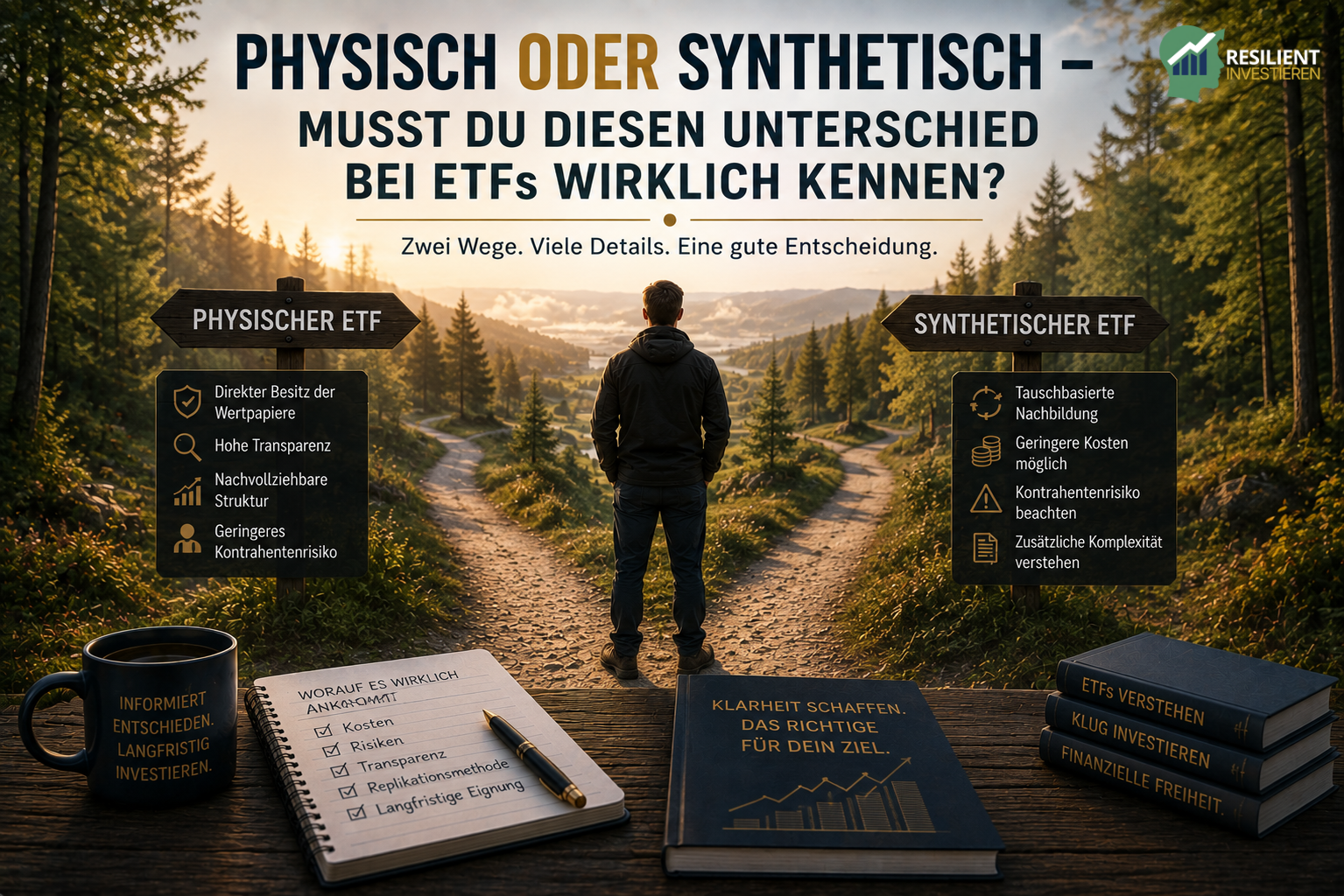 Physisch oder synthetisch – symbolische Darstellung der Entscheidung zwischen physisch replizierenden und synthetischen ETFs für langfristige Anleger.
