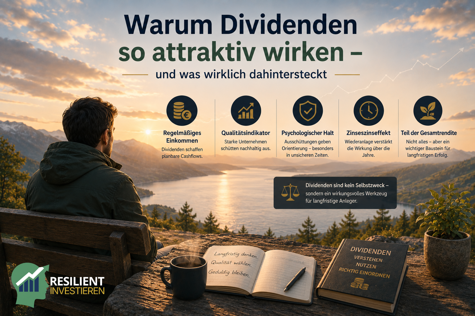 Warum Dividenden so attraktiv wirken – ein Anleger betrachtet die Bedeutung von regelmäßigen Ausschüttungen, Unternehmensqualität, psychologischer Stabilität, Wiederanlage und Dividenden als Teil der langfristigen Gesamtrendite.