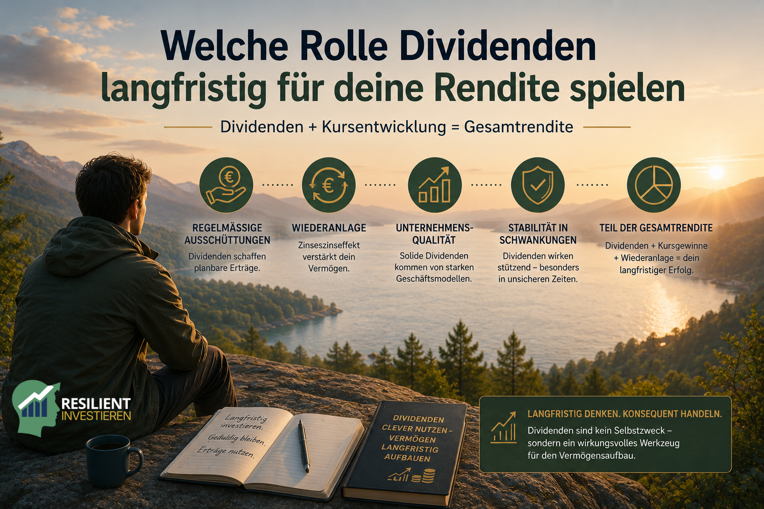 Dividenden und langfristige Rendite – ein Anleger betrachtet, wie Ausschüttungen, Wiederanlage, Unternehmensqualität und Kursentwicklung gemeinsam zur Gesamtrendite beitragen.