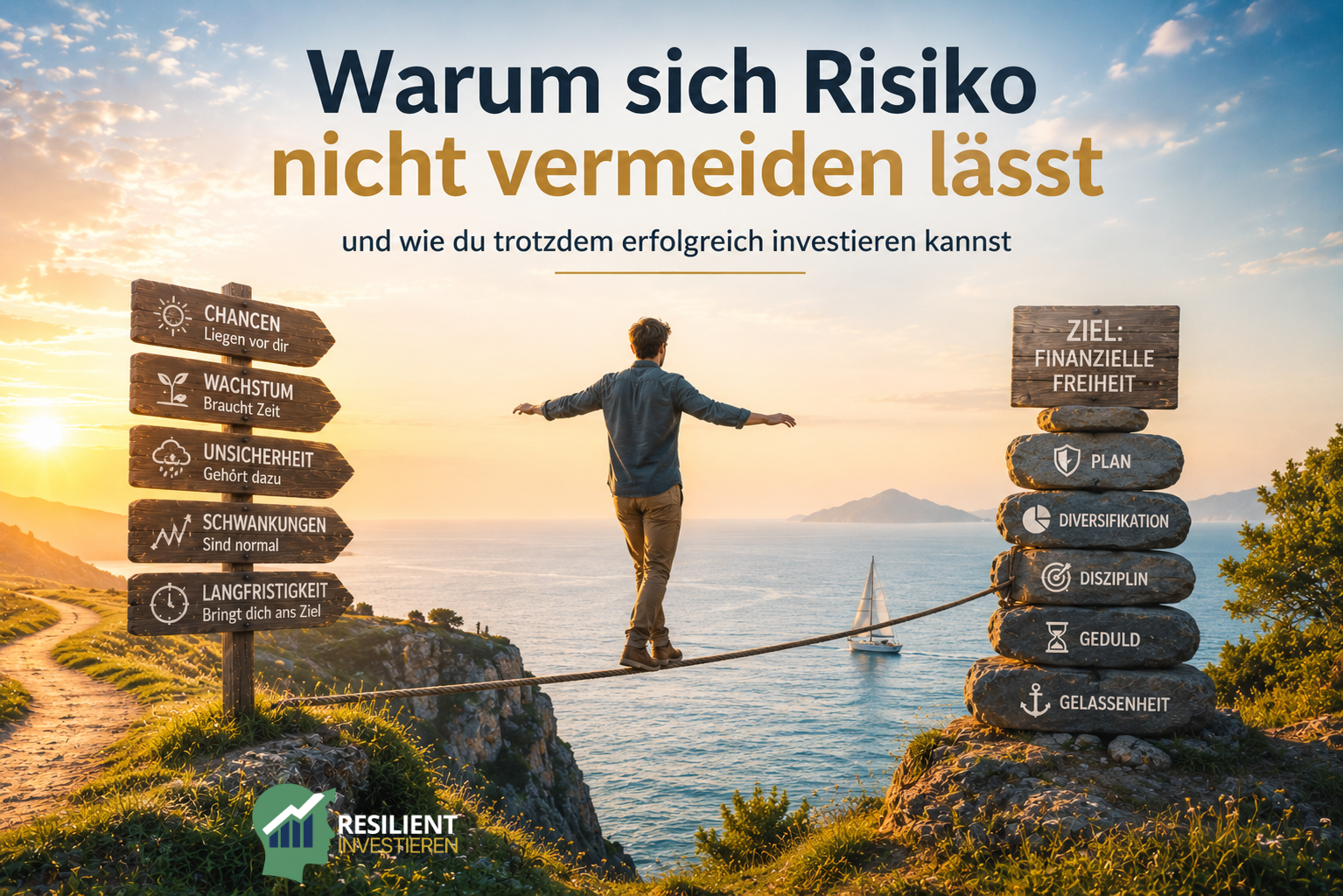 Warum sich Risiko nicht vermeiden lässt – ein Anleger balanciert über einen schmalen Weg zwischen Unsicherheit und langfristigem Anlageziel, während Plan, Diversifikation, Disziplin und Geduld für einen bewussten Umgang mit Risiko stehen.