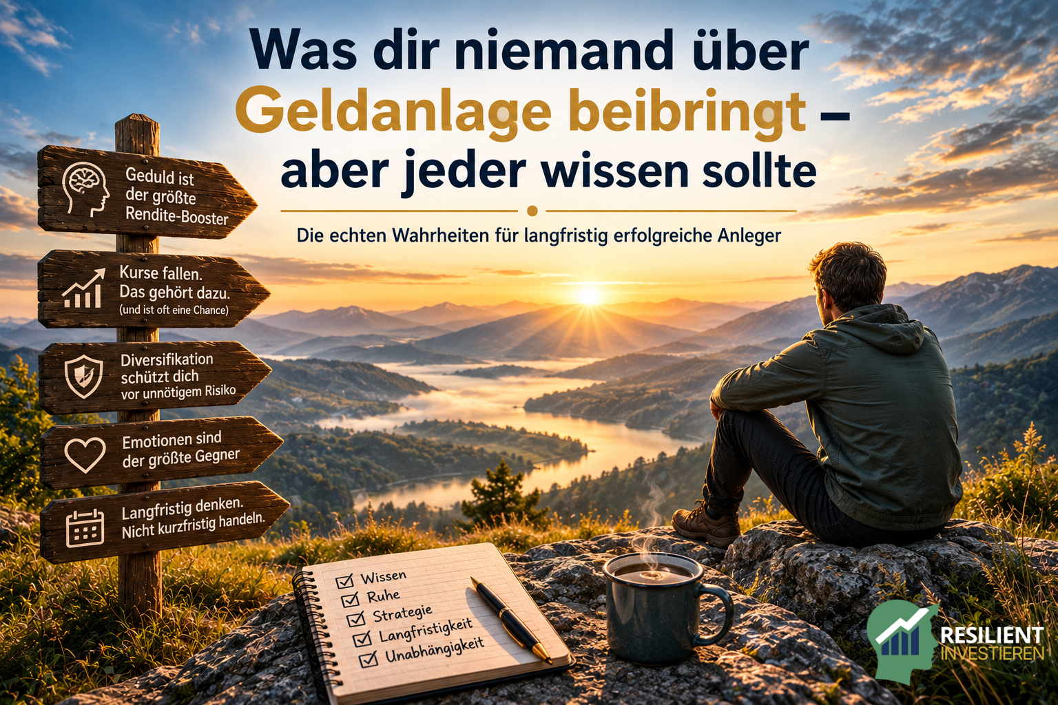 Was dir niemand über Geldanlage beibringt – ein Anleger blickt ruhig in die Ferne, während Wegweiser Geduld, Schwankungen, Diversifikation, Emotionen und langfristiges Investieren symbolisieren.