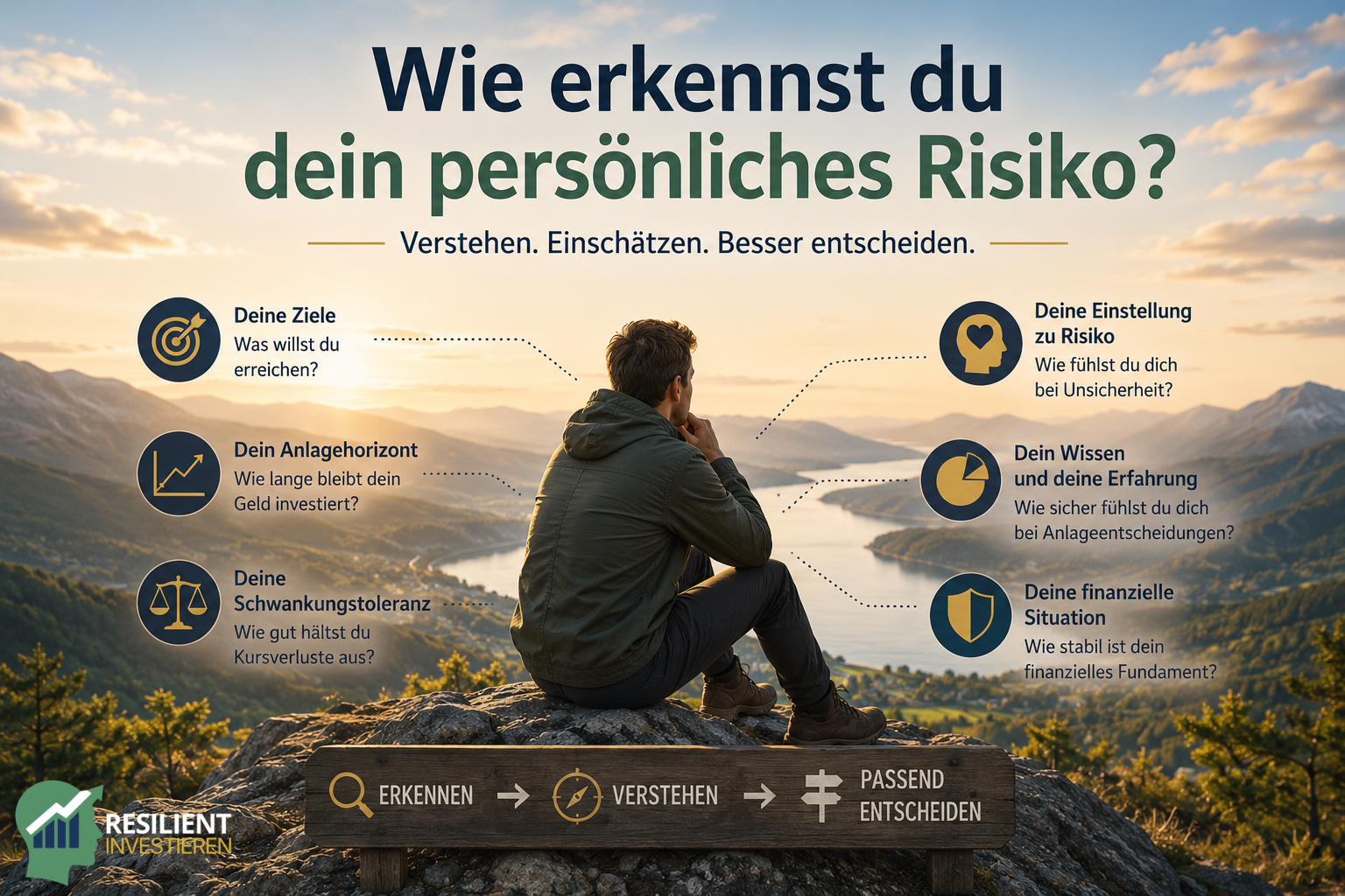 Warum sich Risiko nicht vermeiden lässt – ein Anleger balanciert über einen schmalen Weg zwischen Unsicherheit und langfristigem Anlageziel, während Plan, Diversifikation, Disziplin und Geduld für einen bewussten Umgang mit Risiko stehen.