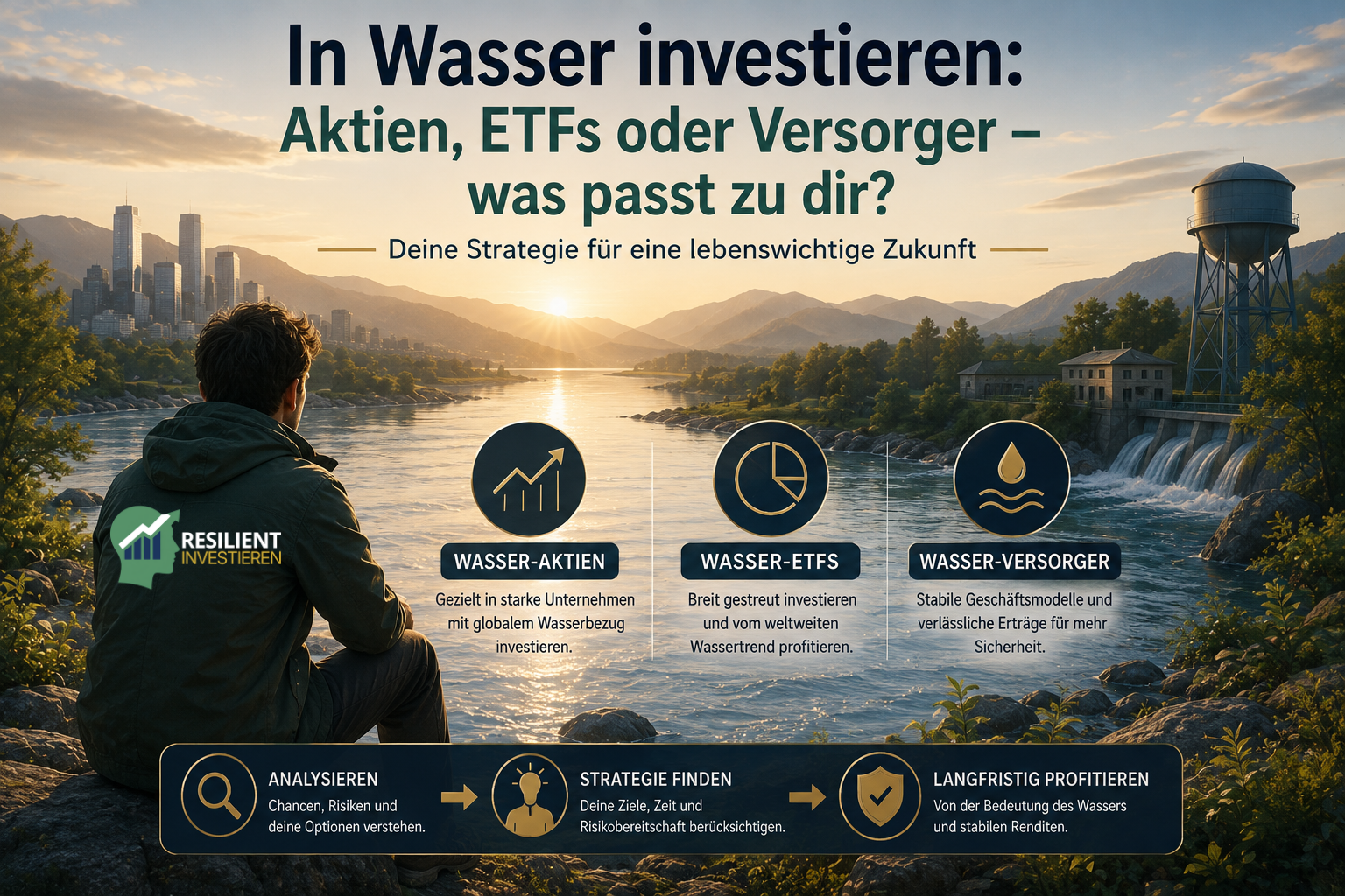 In Wasser investieren – ein Anleger vergleicht Wasser-Aktien, Wasser-ETFs und Wasserversorger als unterschiedliche Wege, um langfristig vom globalen Wassertrend zu profitieren.
