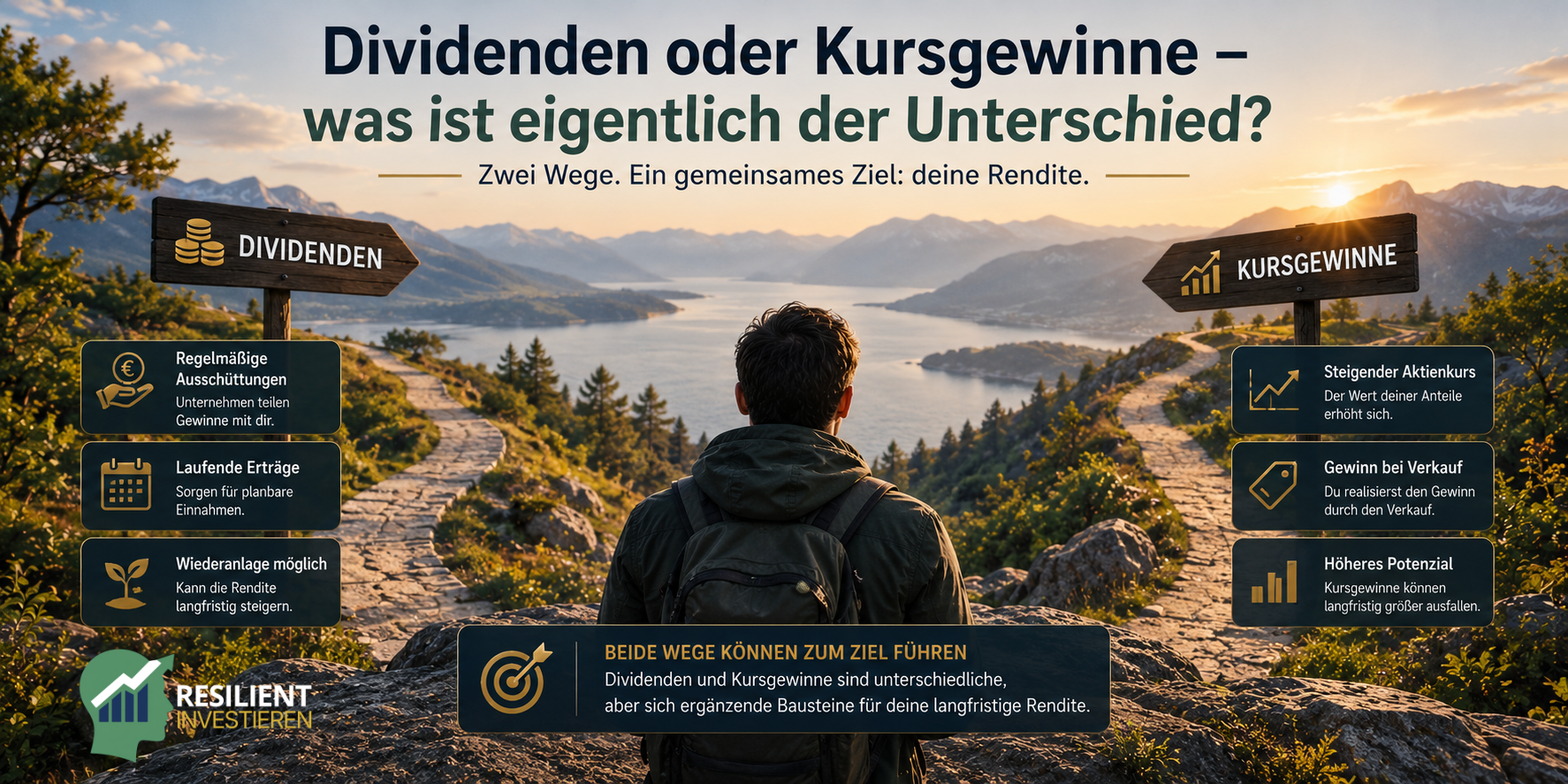 Dividenden oder Kursgewinne – ein Anleger steht zwischen zwei Anlagewegen, die regelmäßige Ausschüttungen und Wertsteigerungen als unterschiedliche Bestandteile der langfristigen Gesamtrendite darstellen.