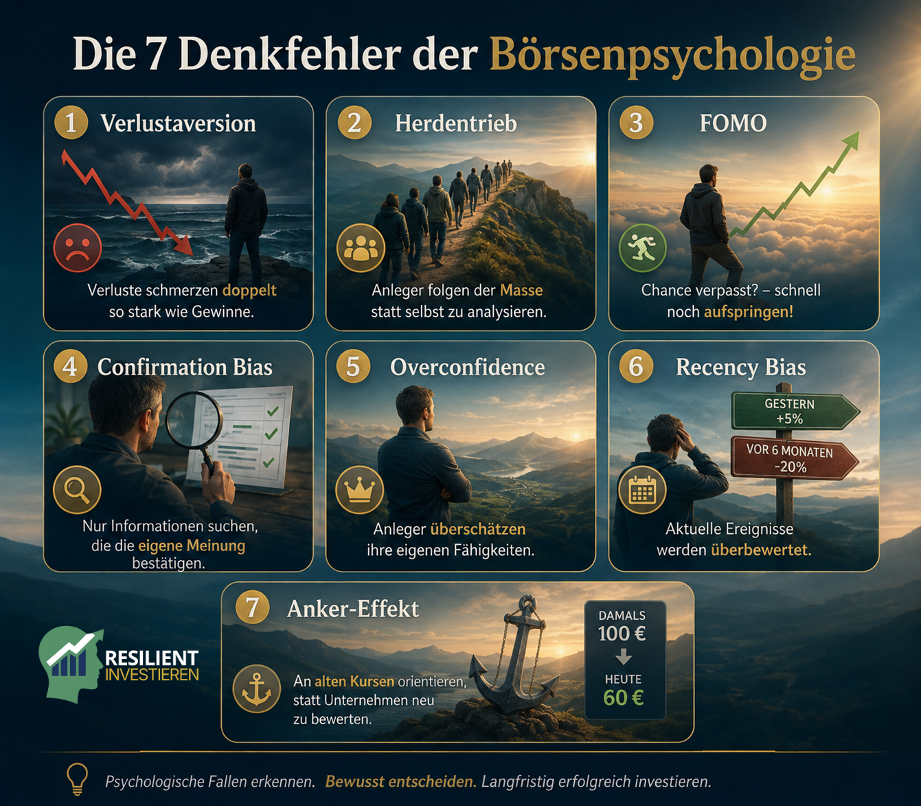 Die 7 Denkfehler der Börsenpsychologie – Verlustaversion, Herdentrieb, FOMO, Confirmation Bias, Overconfidence, Recency Bias und Anker-Effekt verständlich dargestellt.