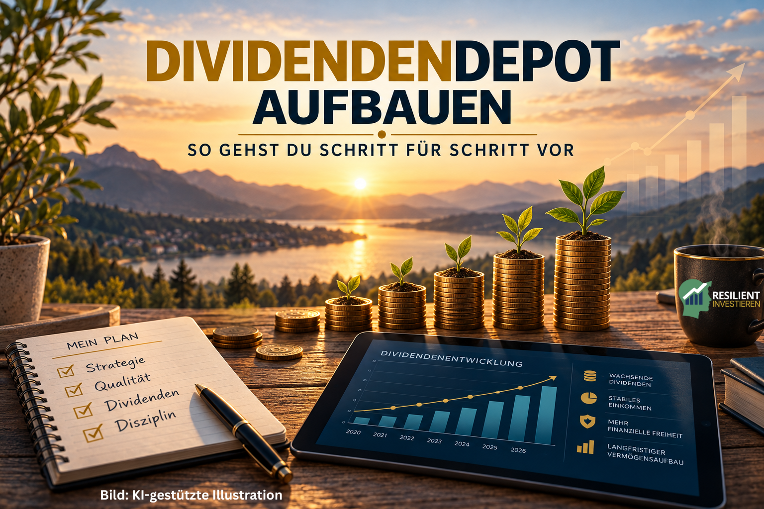Dividendendepot aufbauen – ein langfristiger Anlageplan mit Strategie, Qualitätsaktien, Dividenden und Disziplin wird durch wachsende Münzstapel und eine stetige Dividendenentwicklung dargestellt.