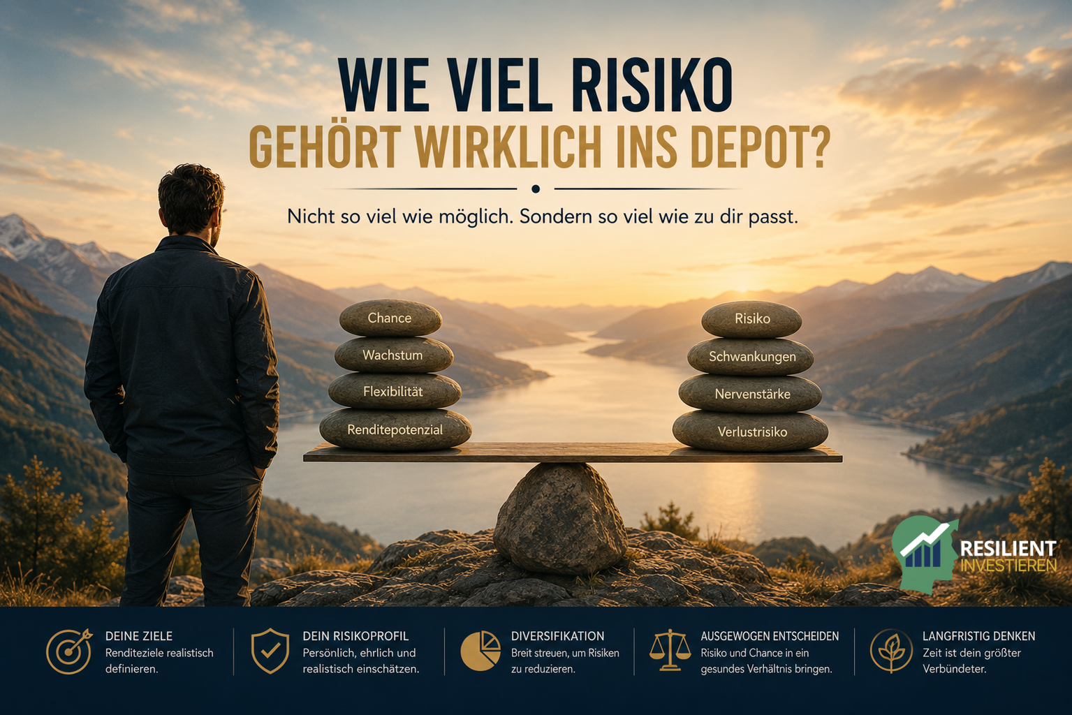 Wie viel Risiko gehört wirklich ins Depot? Symbolische Darstellung der richtigen Balance zwischen Renditechancen und Anlagerisiken für langfristige Anleger.