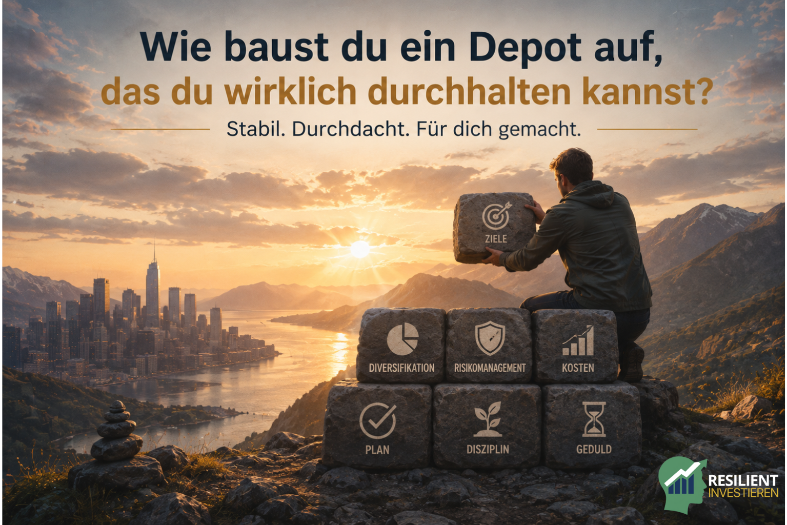 Person baut Stein für Stein ein Fundament auf und blickt über eine Stadt bei Sonnenuntergang – symbolisch für den langfristigen Aufbau eines stabilen Depots und eine Strategie, die man auch in schwierigen Marktphasen durchhalten kann.