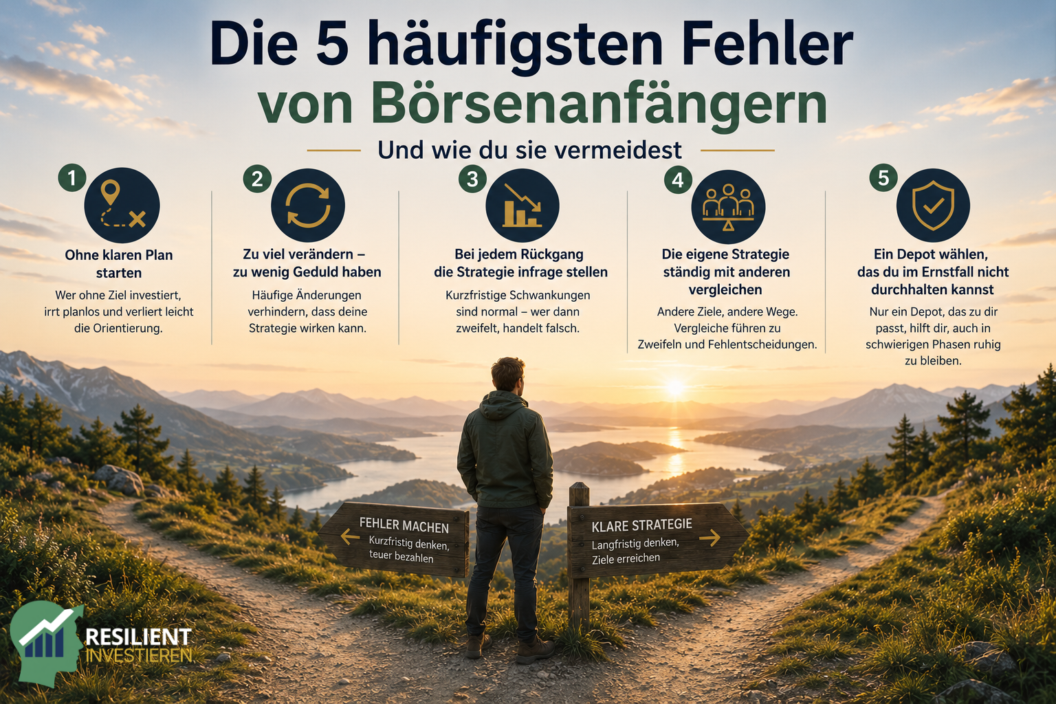 Die 5 häufigsten Fehler von Börsenanfängern – fehlender Plan, zu viele Veränderungen, Zweifel bei Rückgängen, ständige Vergleiche und ein Depot, das in schwierigen Börsenphasen nicht durchgehalten wird.