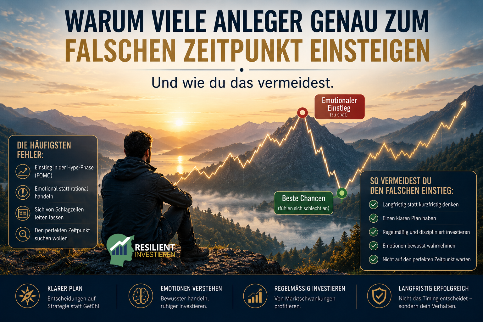 Warum viele Anleger genau zum falschen Zeitpunkt einsteigen – symbolische Darstellung von Emotionen, Börsenpsychologie und langfristigem Investieren statt Market Timing.