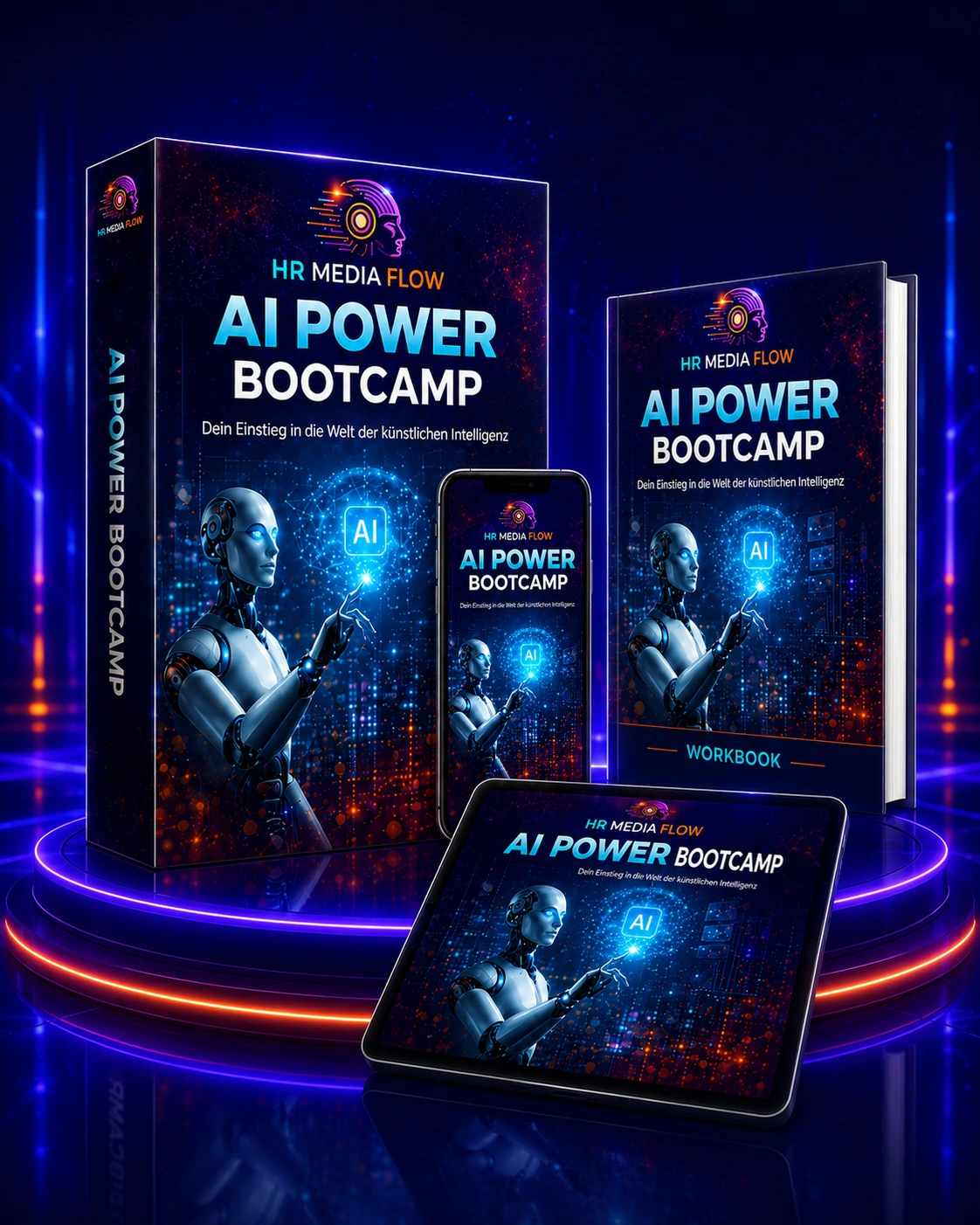 AI POWER BOOTCAMP Produktgruppe mit Box, Workbook, Smartphone, Tablet, Neon-Sockel und Spiegelung