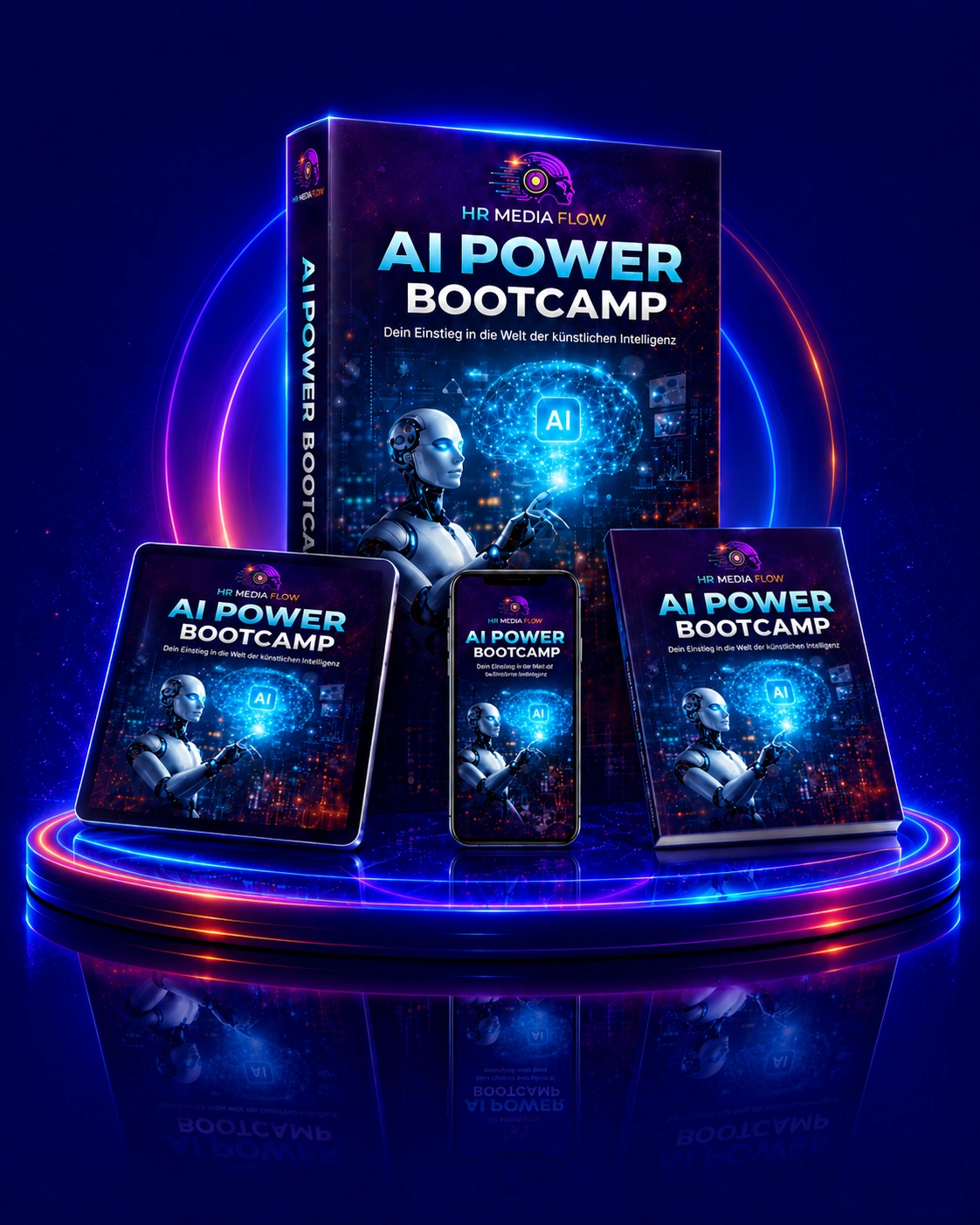 AI POWER BOOTCAMP Produktset mit Box, Tablet, Smartphone, Workbook, Neon-Sockel und Spiegelung
