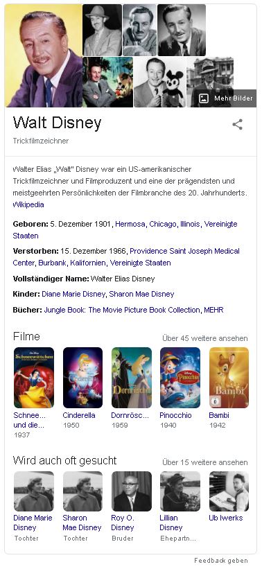 Knowledge Graph für den Suchbegriff: "Walter Disney"