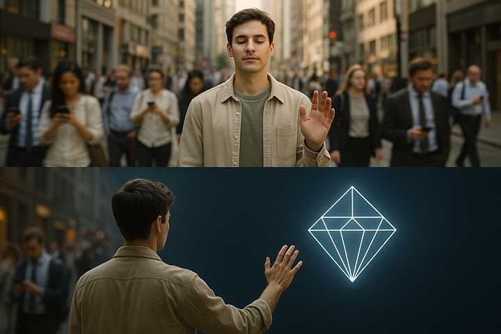 Ein Mann erkennt und berührt die Diamantwelt