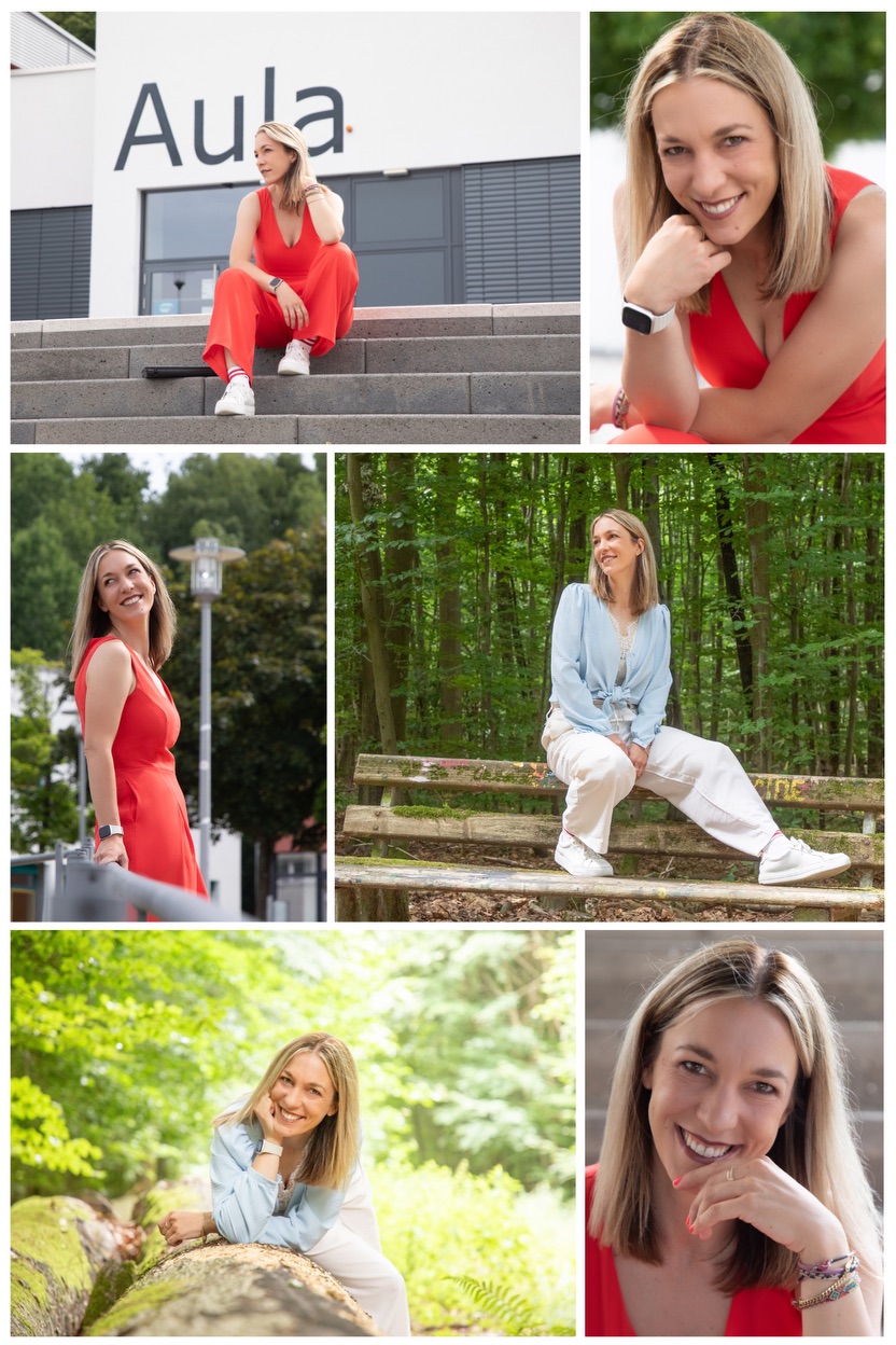 Porträt-Collage einer Unternehmerin mit einem freundlichen Lächeln, gekleidet in einem eleganten weißen Blazer, genießt eine entspannte Kaffeepause in einem grünen Strickpullover und zeigt ein selbstbewusstes Lächeln in die Kamera.