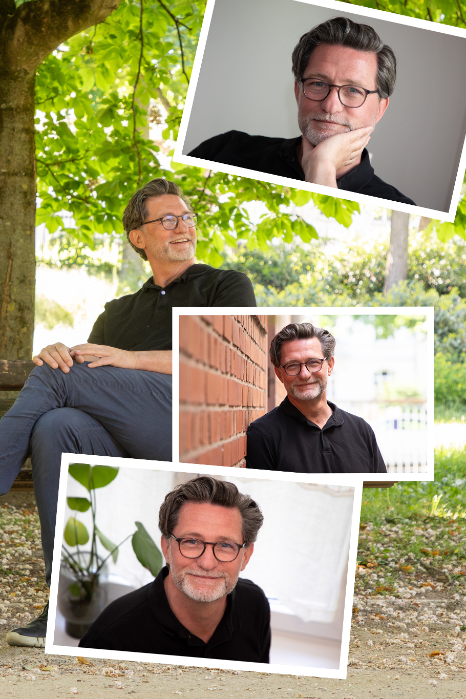 Porträt-Collage einer Unternehmerin mit einem freundlichen Lächeln, gekleidet in einem eleganten weißen Blazer, genießt eine entspannte Kaffeepause in einem grünen Strickpullover und zeigt ein selbstbewusstes Lächeln in die Kamera.
