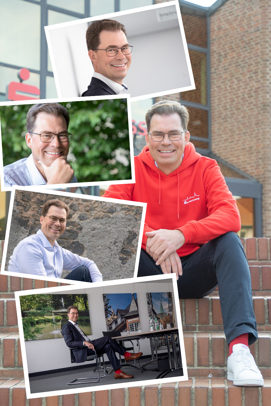 Collage einer lebensfrohen Geschäftsfrau in verschiedenen Posen: strahlendes Lächeln im Sitzen, kraftvolles Stehen und inspirierter Blick in die Ferne, gekleidet in Business-Outfits, die ihre dynamische Persönlichkeit und Professionalität unterstreichen.