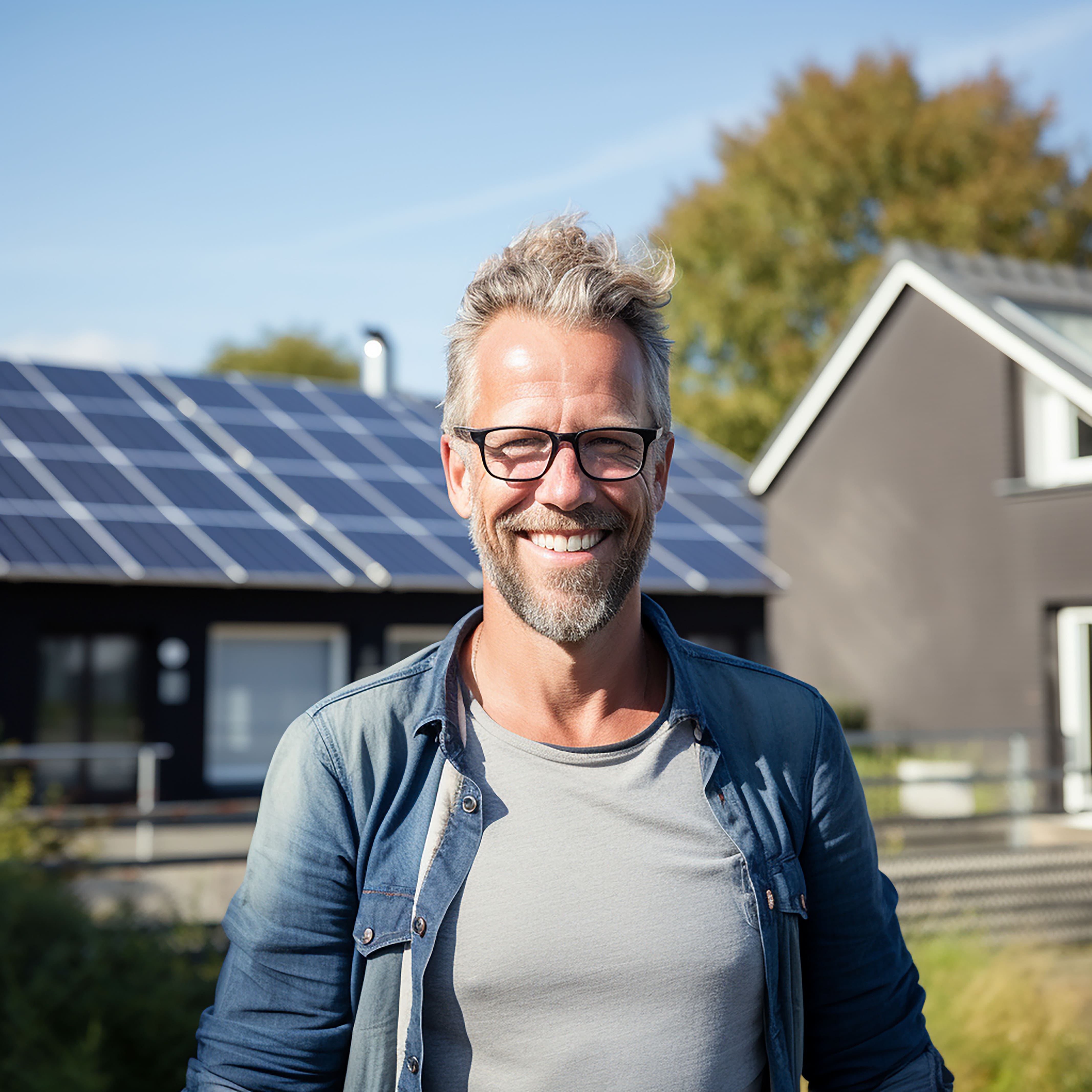 Kunde im Hintergrund Haus mit Photovoltaikanlage