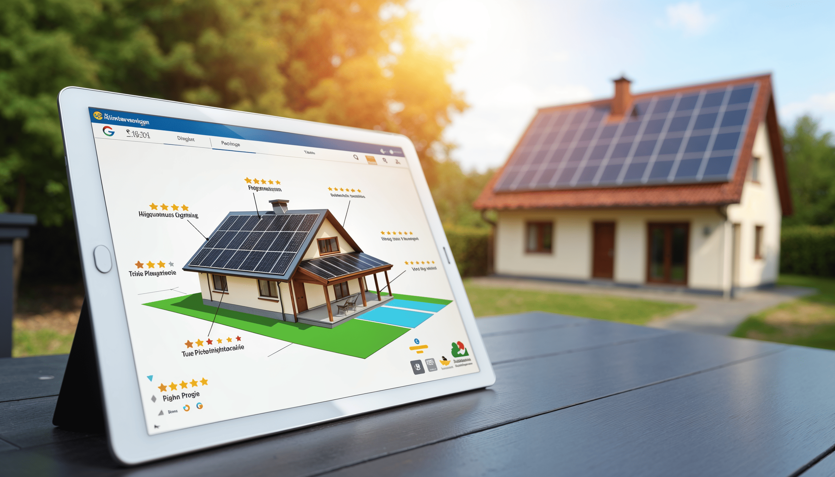 Symbol eines Tablets mit Solarmodulen und Zahnrad, zeigt einfache Online-Planung für eine Photovoltaikanlage.