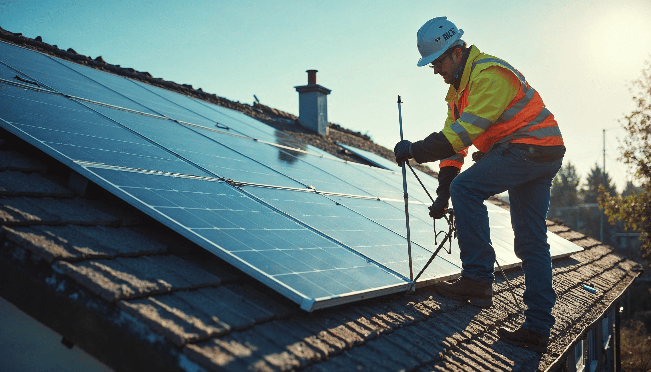 Fachmann prüft die Dachfläche eines Hauses mit Photovoltaikanlage und optimaler Dachneigung für maximale Energieeffizienz.