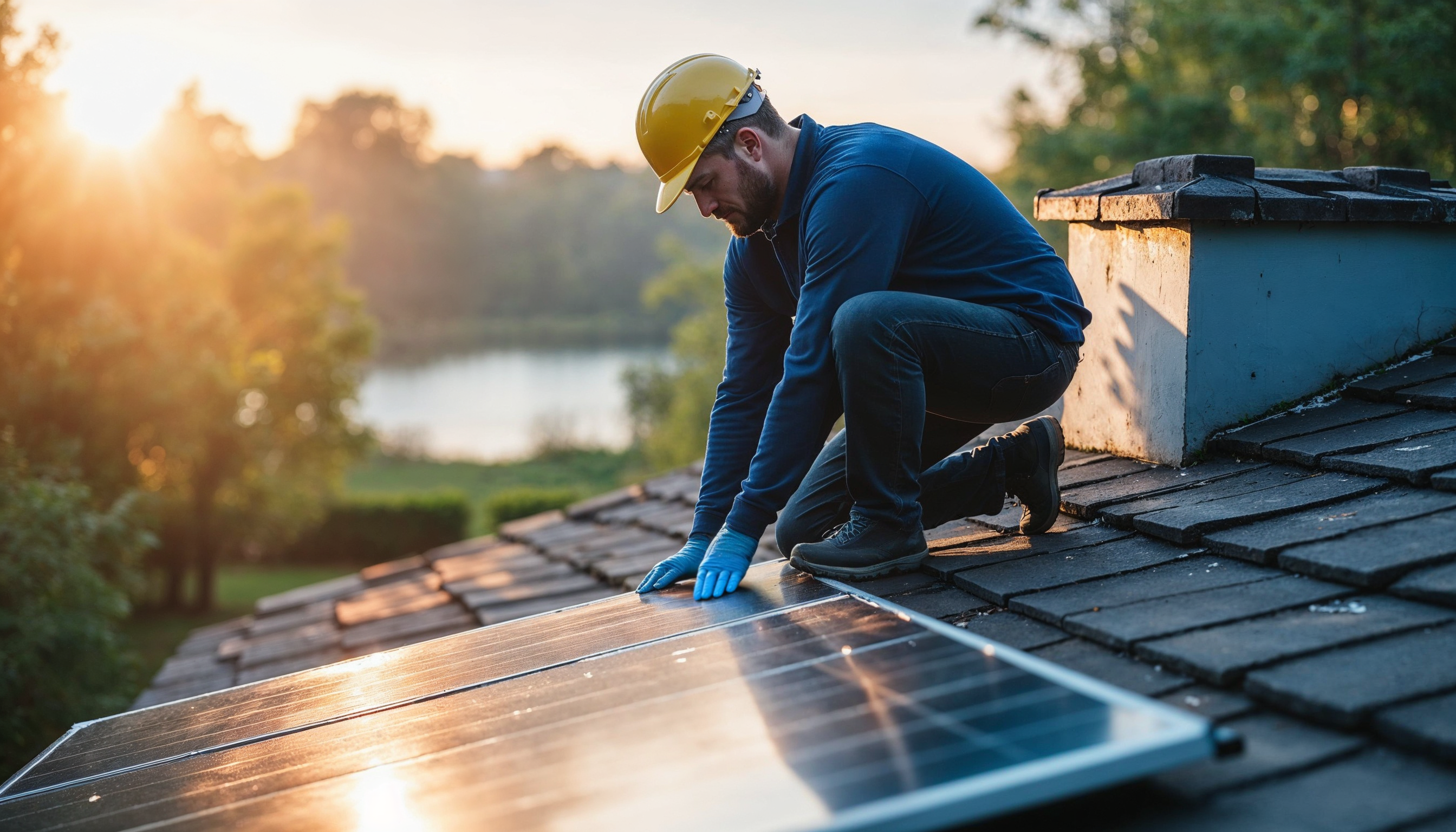 Installateur montiert Solarmodule auf einem Hausdach, zeigt den professionellen Installationsprozess einer Photovoltaikanlage.