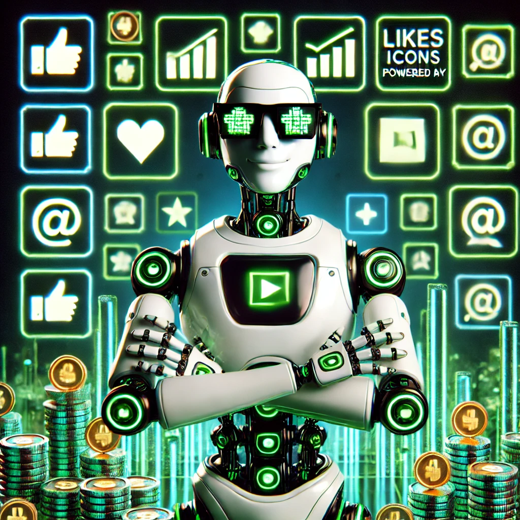 DALL·E 2025-03-14 10.07.57 - Futuristic and playful square 1_1 image of a confident AI robot with green glowing accents wearing sunglasses, standing proudly in a digital city made.webp