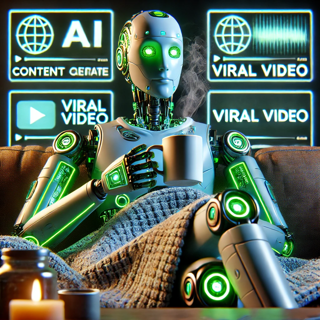 DALL·E 2025-03-14 09.57.44 - Futuristic square 1_1 hero image with a humorous and personal touch. A humanoid AI robot with green neon circuits holds a steaming coffee mug and sits.webp