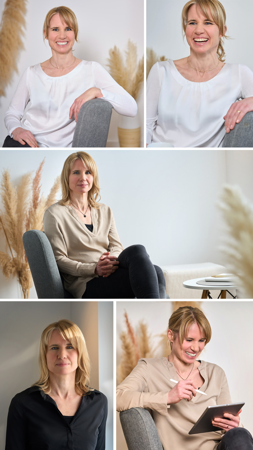Collage einer lebensfrohen Geschäftsfrau in verschiedenen Posen: strahlendes Lächeln im Sitzen, kraftvolles Stehen und inspirierter Blick in die Ferne, gekleidet in Business-Outfits, die ihre dynamische Persönlichkeit und Professionalität unterstreichen.